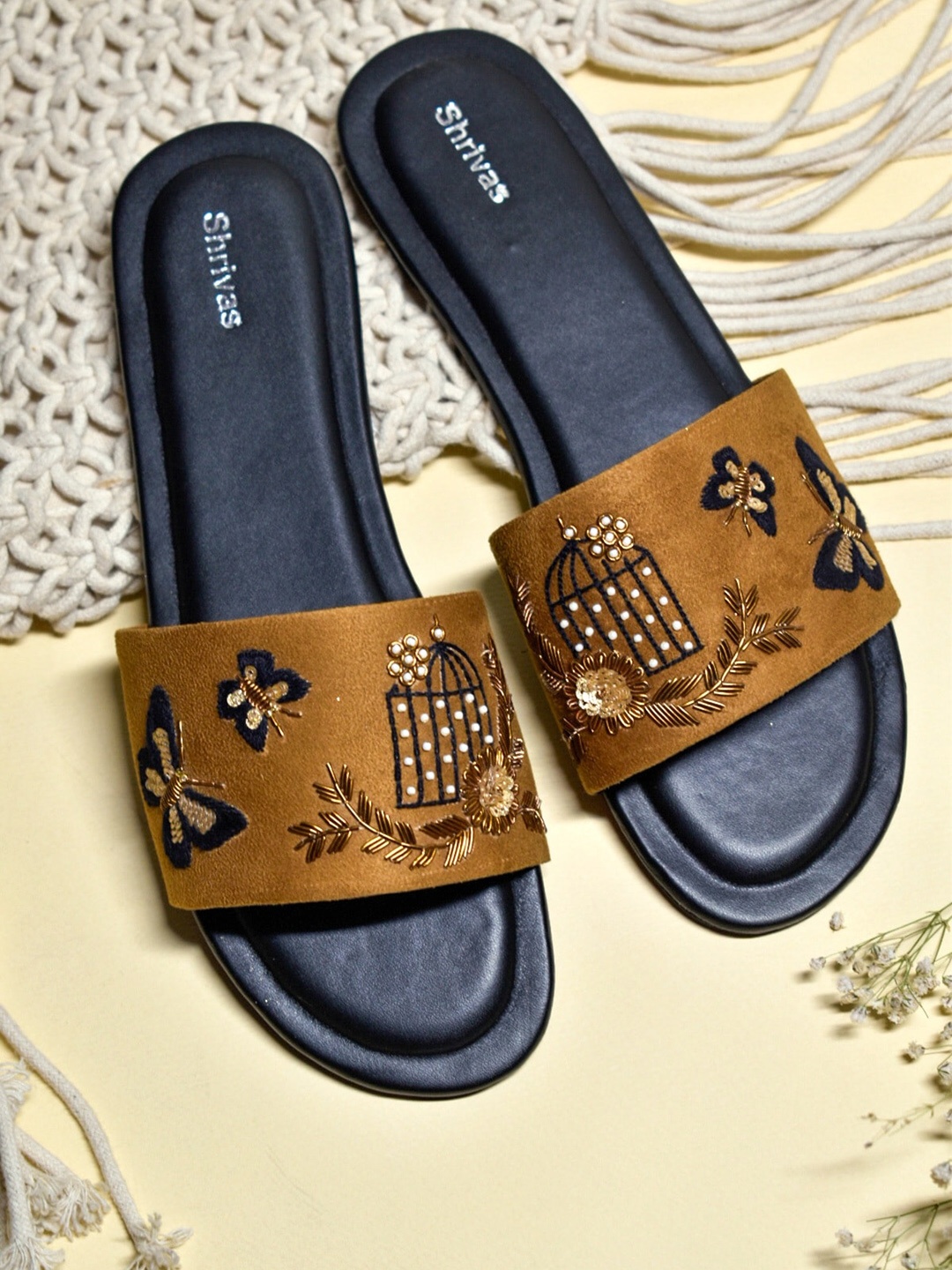 

SHRIVAS BY ARCHITA MEHTA Cageb Embroidered Suede Open Toe Flats, Brown