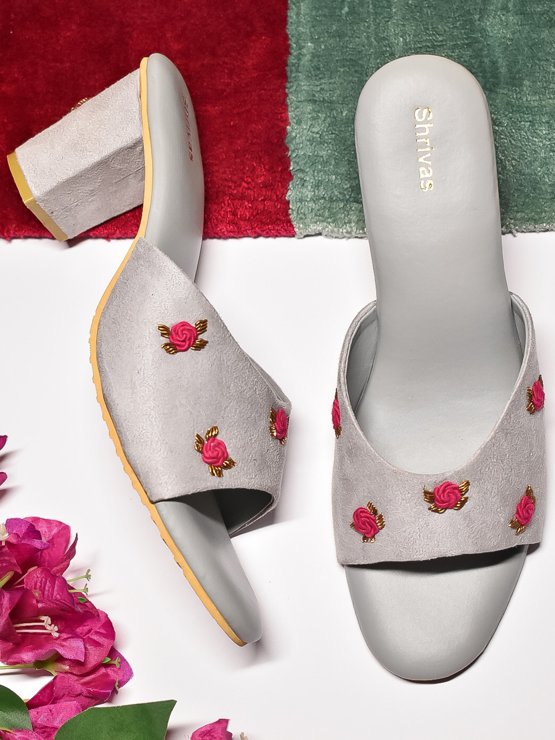 

SHRIVAS BY ARCHITA MEHTA Embellished Suede Ethnic Block Heels, Silver