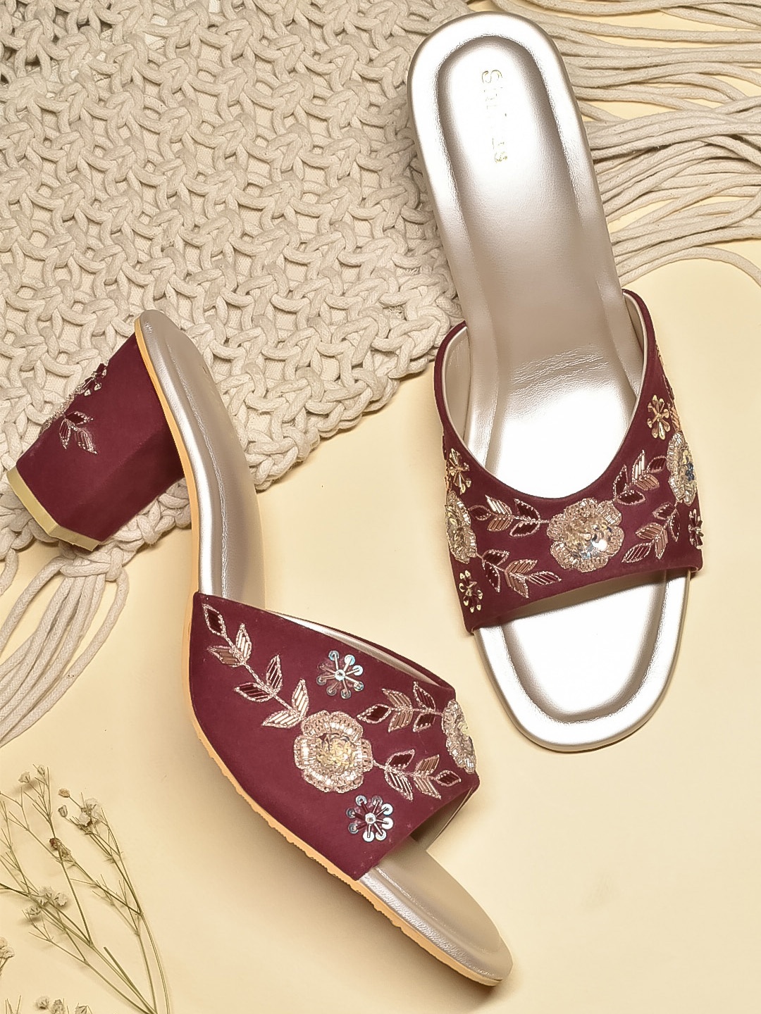 

SHRIVAS BY ARCHITA MEHTA Ethnic Embellished Velvet Block Heels, Maroon
