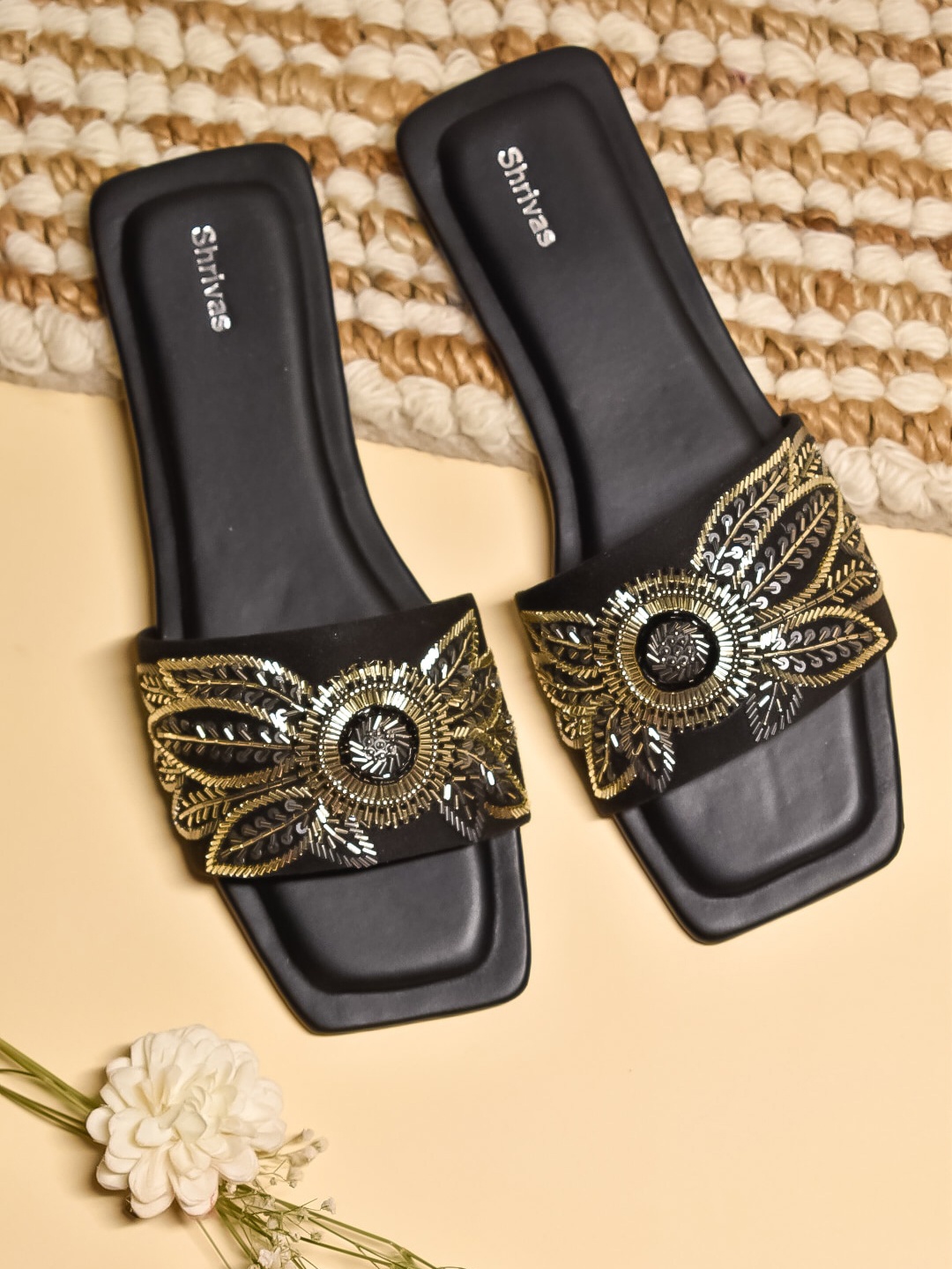 

SHRIVAS BY ARCHITA MEHTA Embellished Suede Ethnic Open Toe Flats, Black