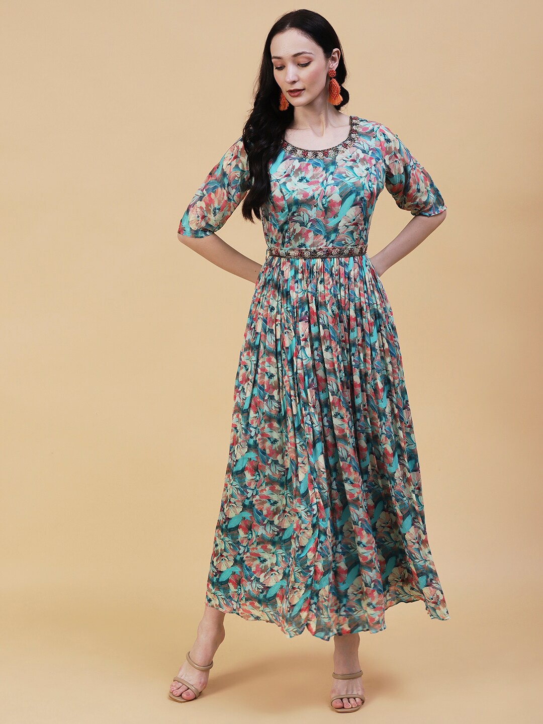 

FASHOR Floral Printed Embroidered Chiffon Maxi Dress, Blue