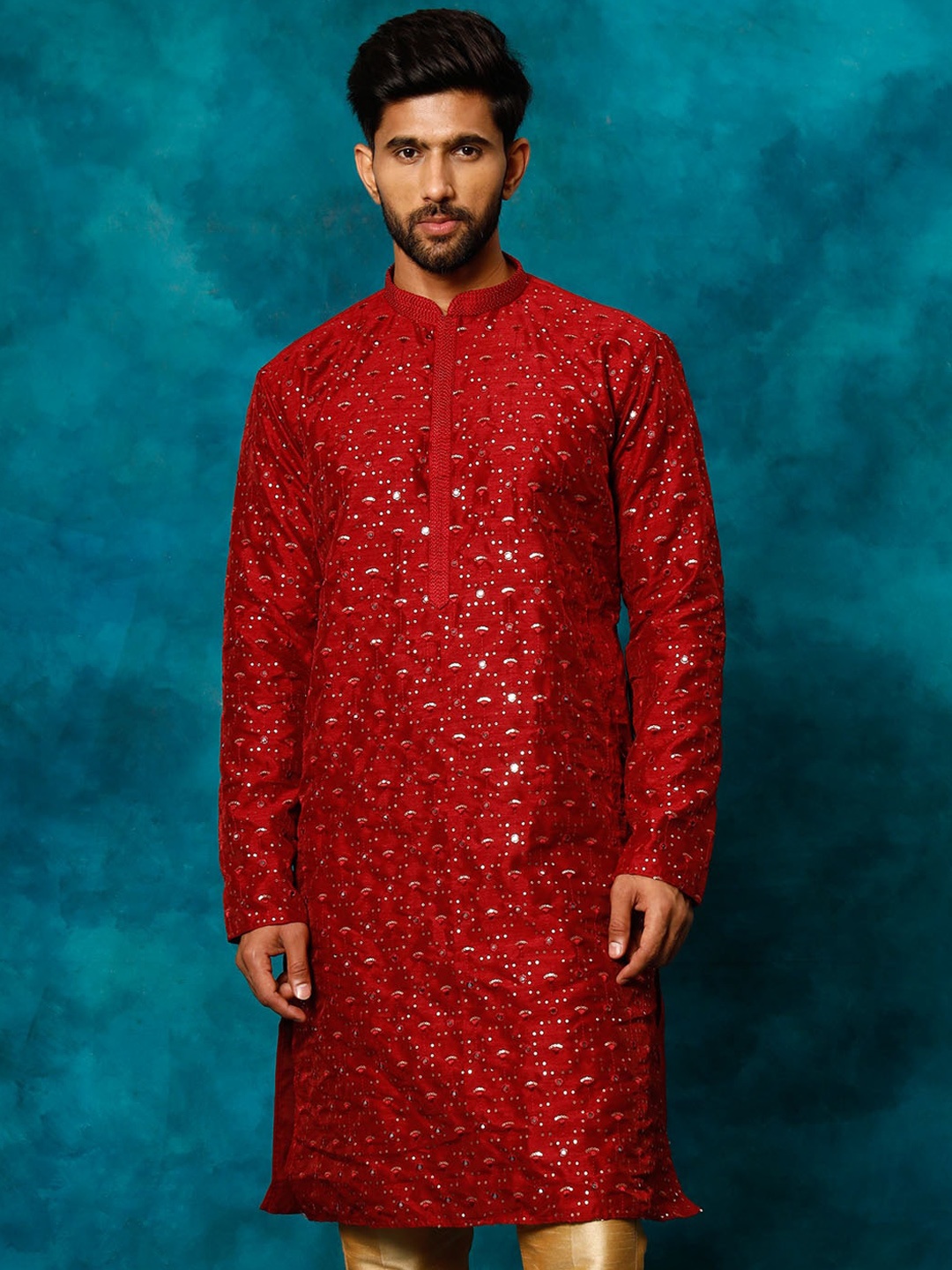 

VASTRAMAY Embellished Mirror Work Mandarin Collar Straight Kurta, Maroon