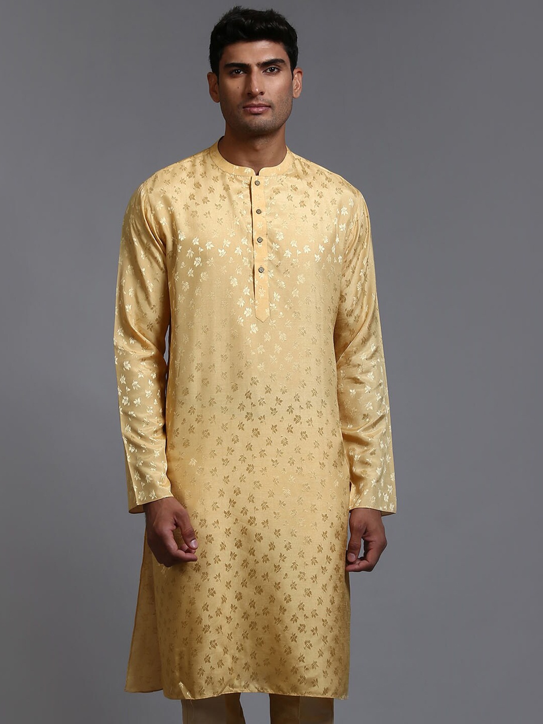 

VASTRAMAY Floral Printed Mandarin Collar Long Sleeve Straight Kurta, Yellow