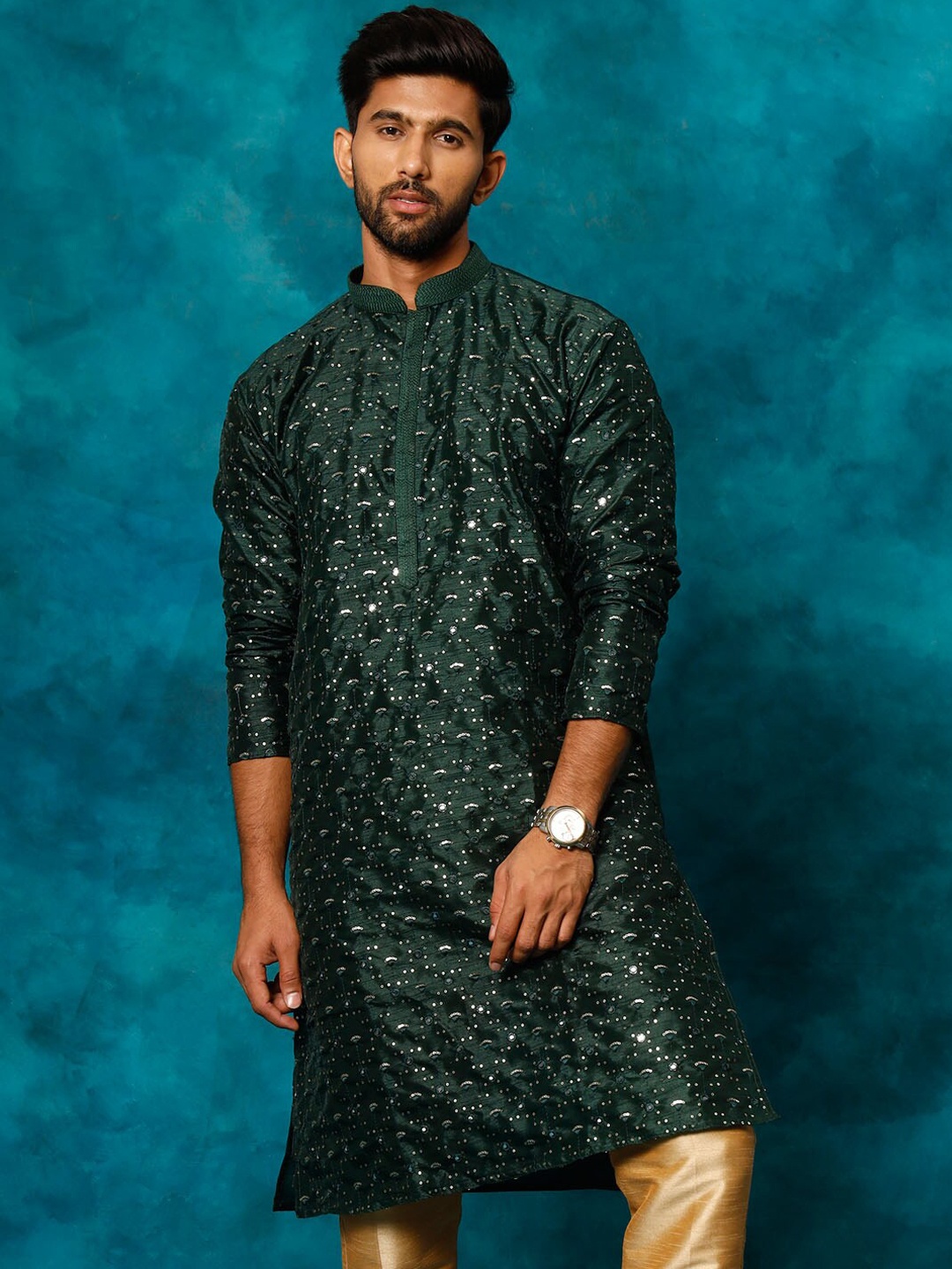 

VASTRAMAY Embellished Mirror Work Mandarin Collar Straight Kurta, Green