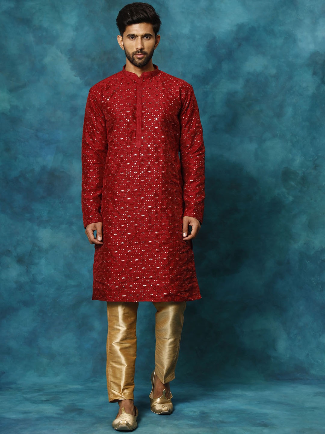 

VASTRAMAY Floral Embroidered Sequinned Straight Kurta With Trousers, Maroon