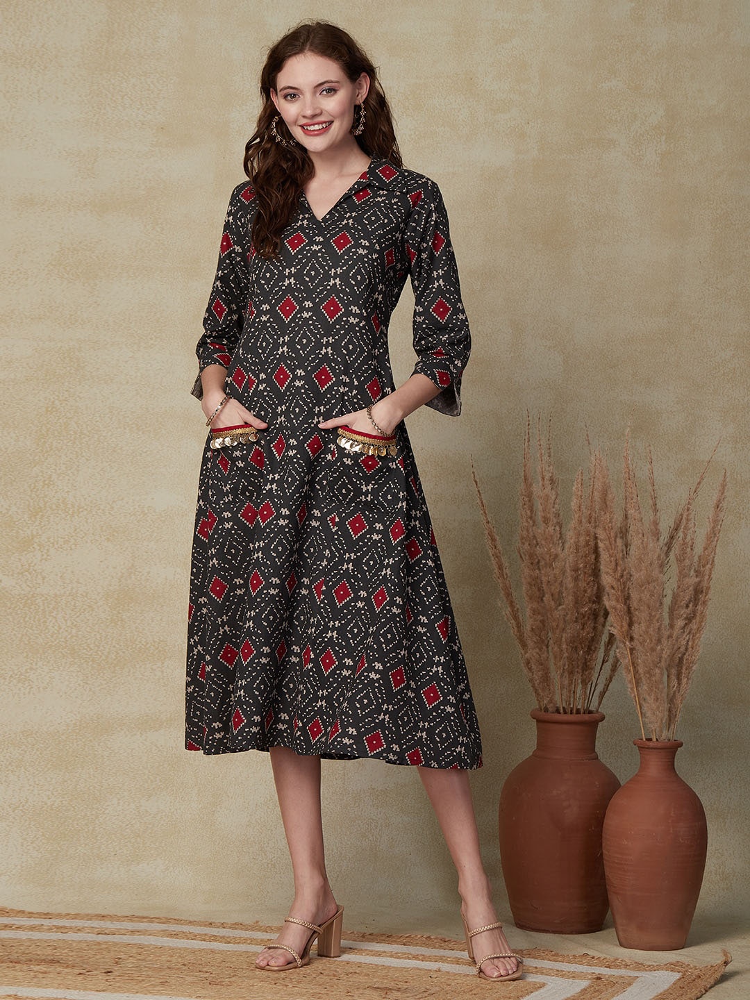 

FASHOR Ethnic Motifs Printed V-Neck A-Line Dress, Black