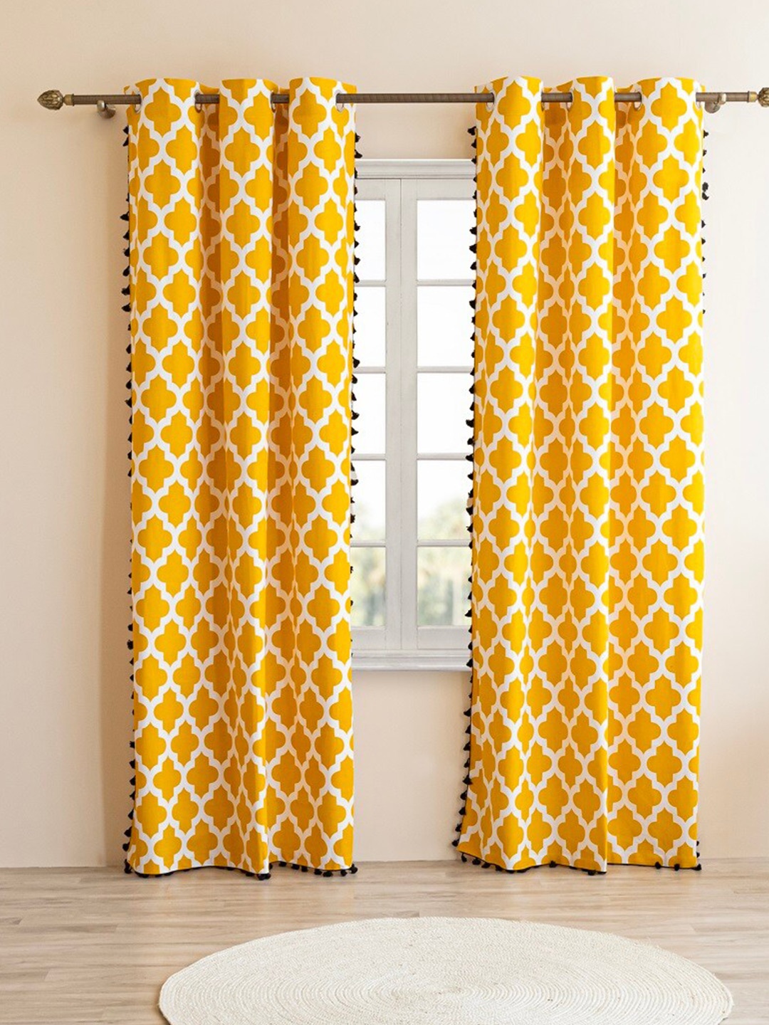 

HOMEMONDE 2 Pcs Yellow & White Ethnic Motifs Cotton Room Darkening Door Curtain