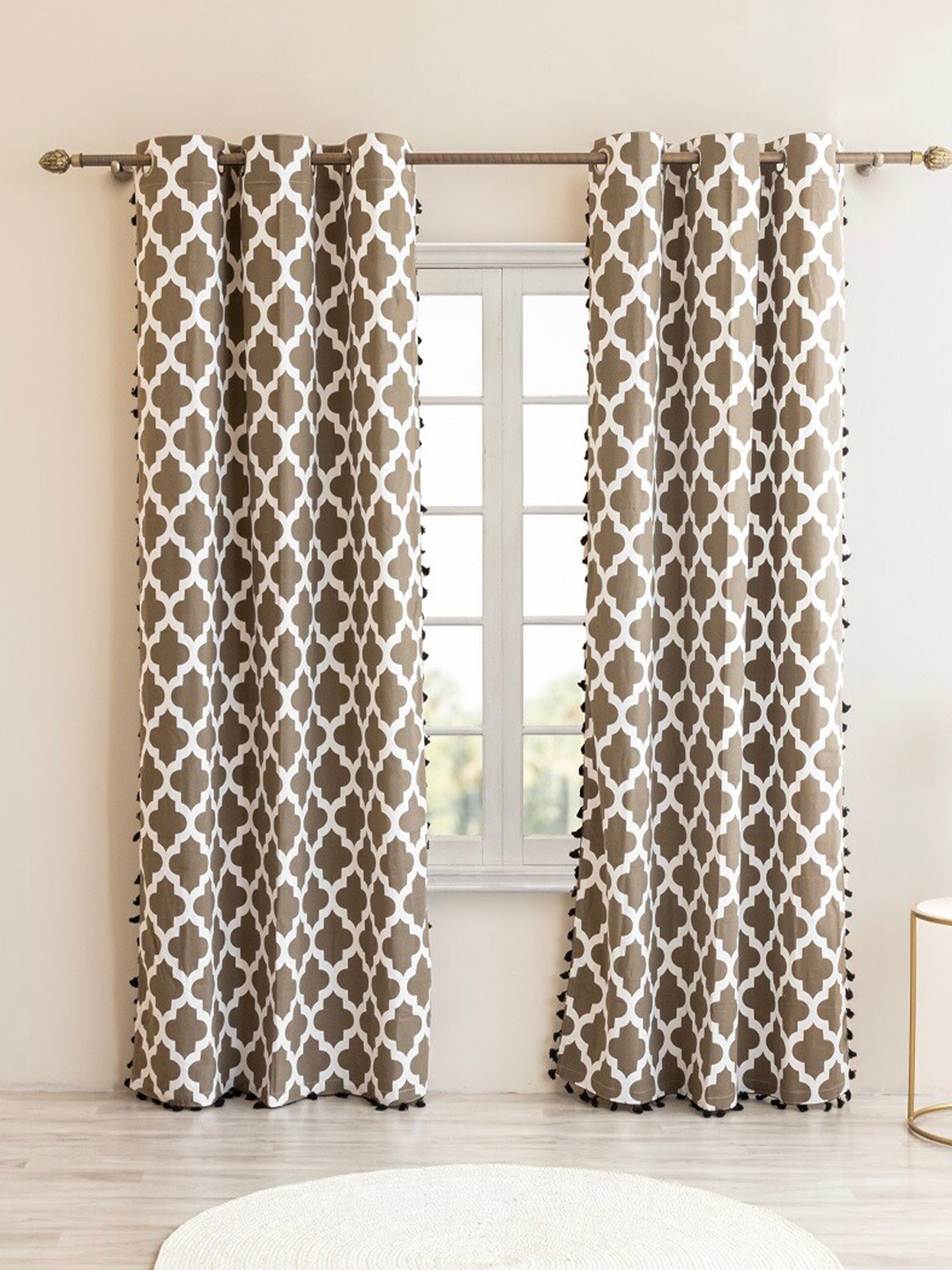 

HOMEMONDE 2 Pcs Grey & White Ethnic Motifs Cotton Room Darkening Window Curtain