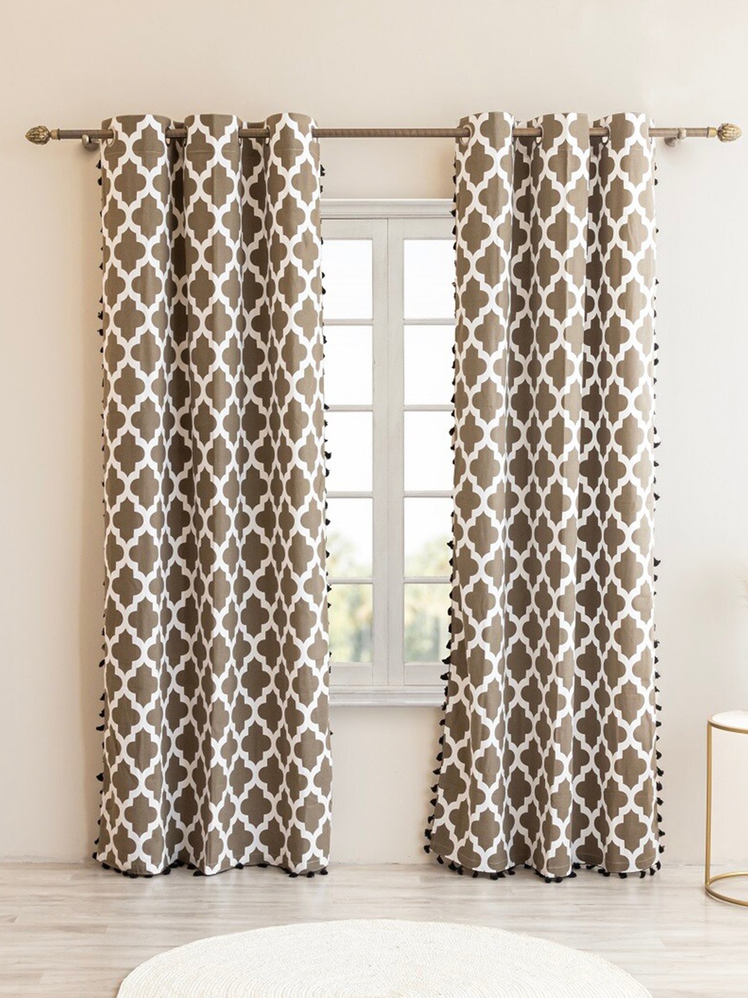 

HOMEMONDE 2 Pcs Grey & White Ethnic Motifs Cotton Room Darkening Long Door Curtain