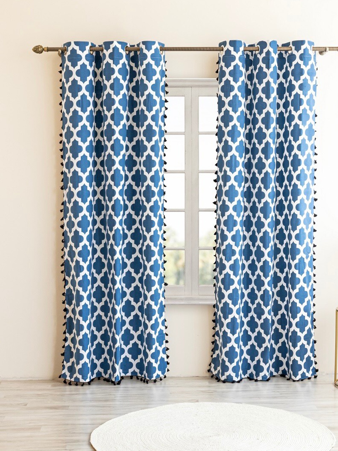 

HOMEMONDE Blue & White Set of 2 Geometric Cotton Room Darkening Window Curtains