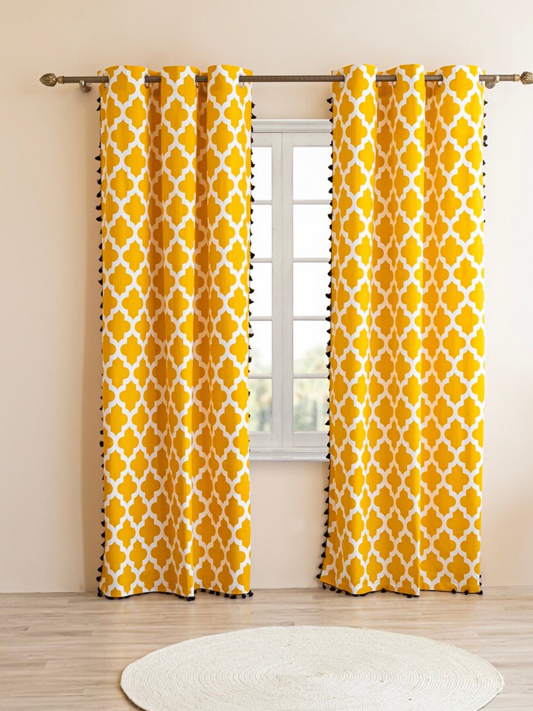 

HOMEMONDE Yellow & White 2 Pieces Geometric Cotton Room Darkening Window Curtains