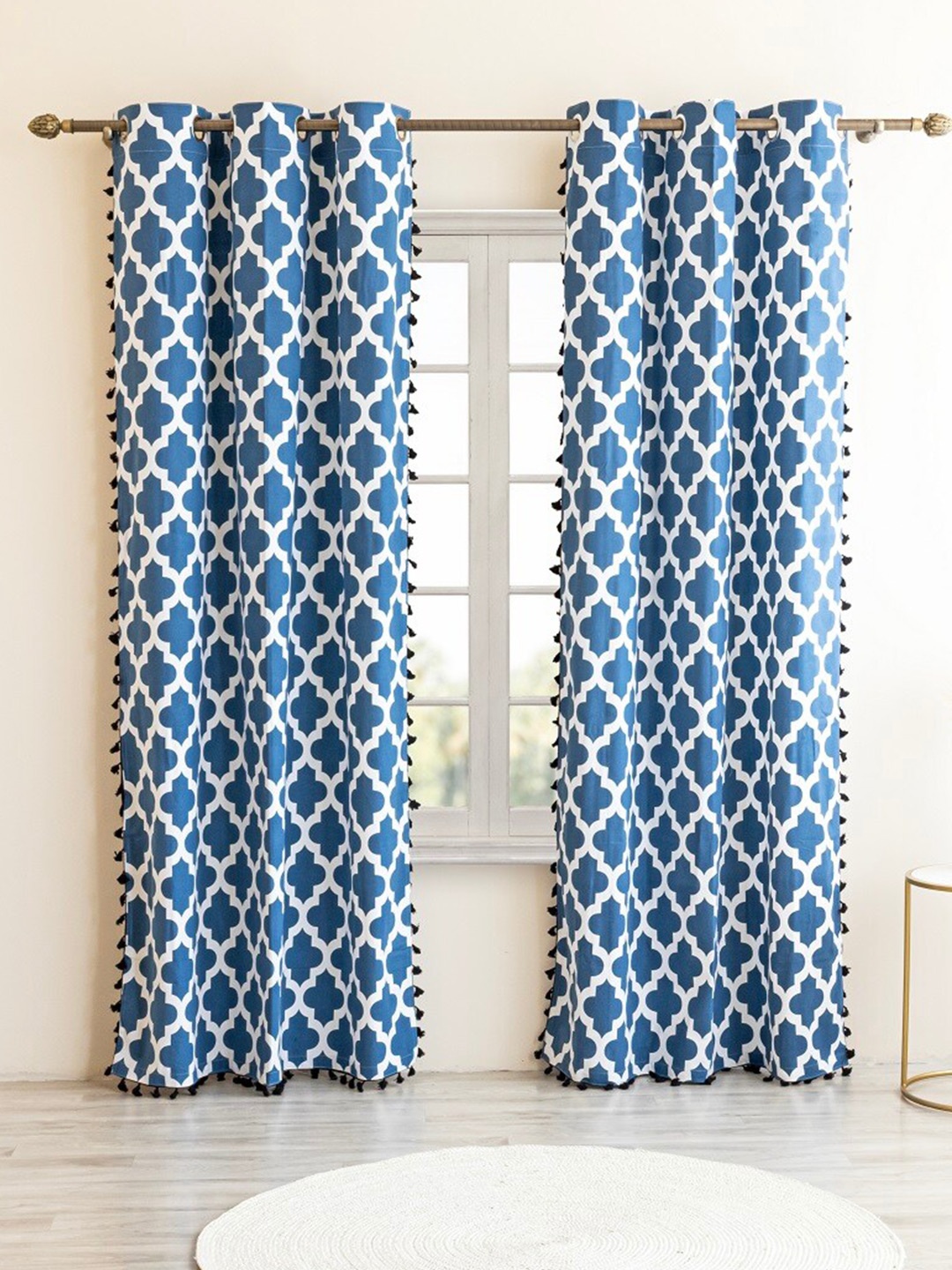 

HOMEMONDE 2 Pcs Blue & White Ethnic Motifs Cotton Room Darkening Long Door Curtain