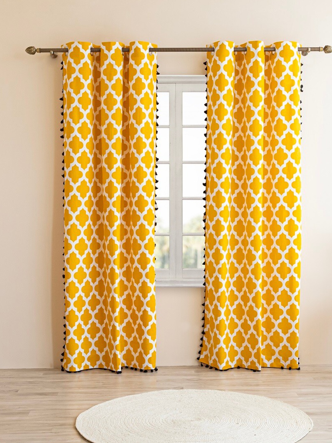 

HOMEMONDE Yellow & White 2 Pieces Geometric Cotton Room Darkening Long Door Curtains