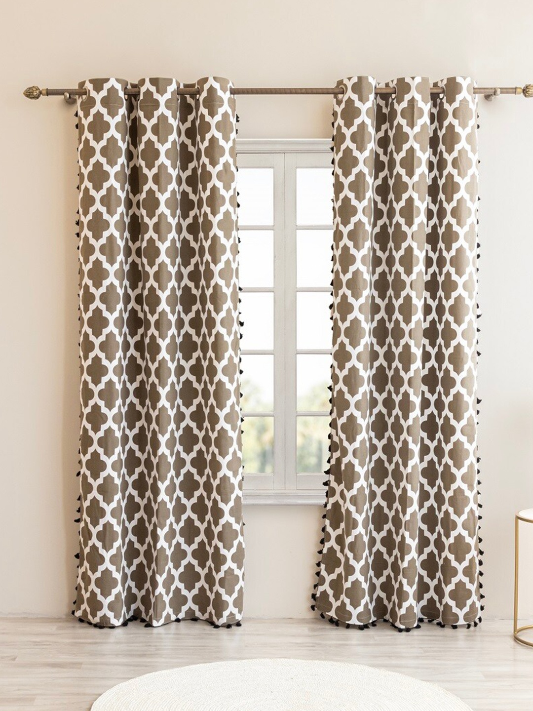 

HOMEMONDE Grey & White 2 Pieces Geometric Cotton Room Darkening Door Curtains