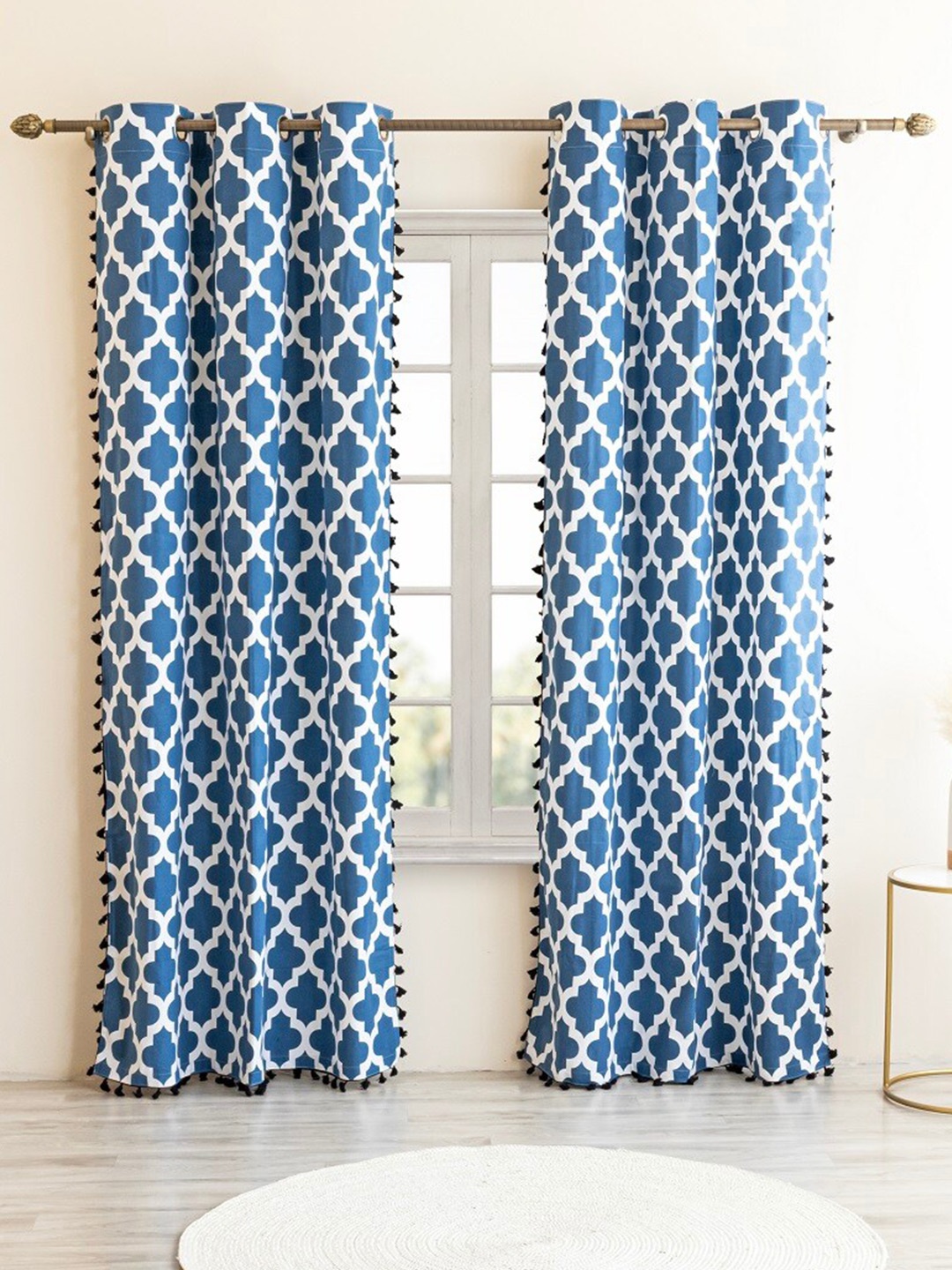 

HOMEMONDE 2 Pcs Blue & White Ethnic Motifs Cotton Room Darkening Door Curtain