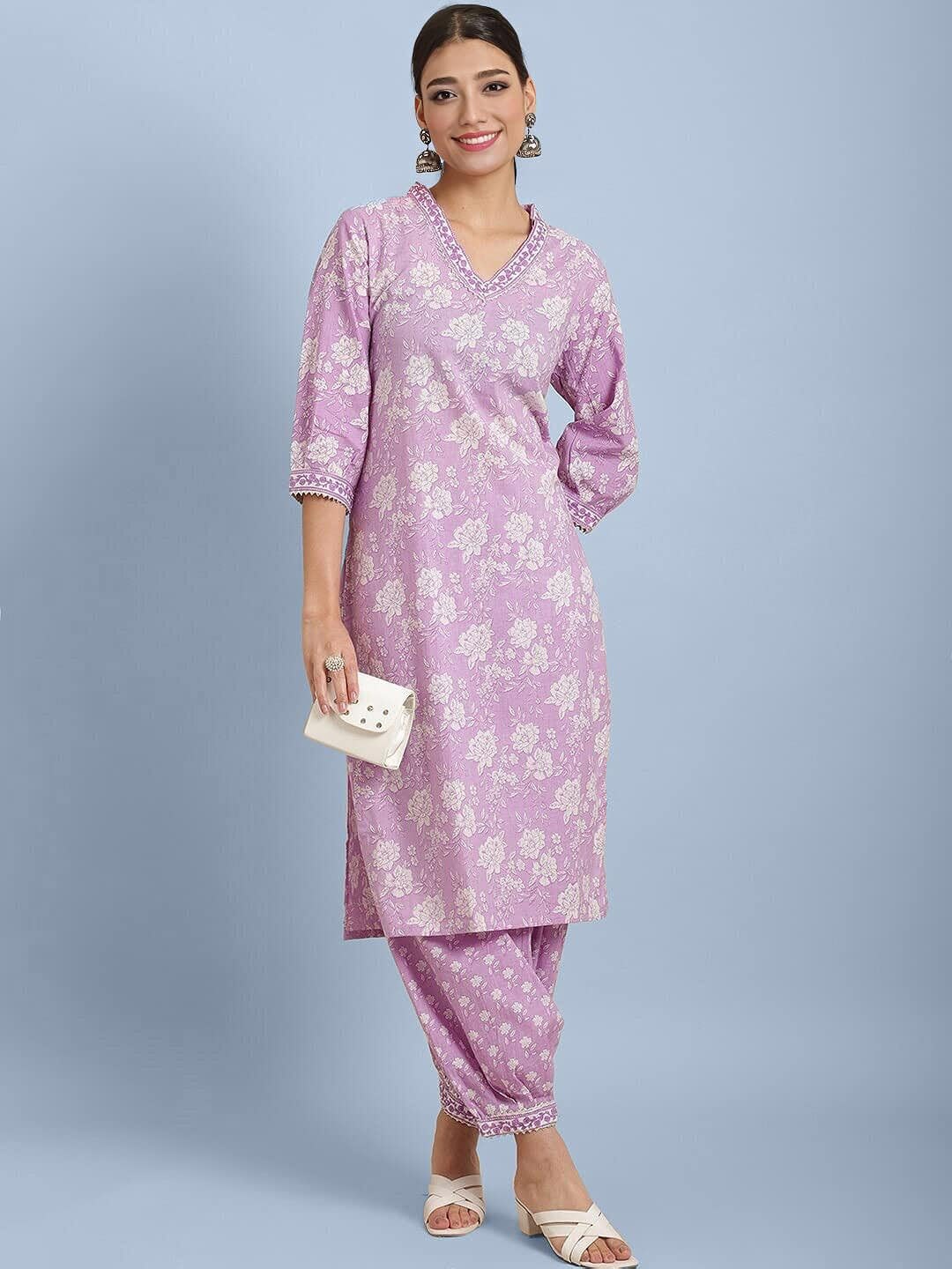 

KALINI Floral Printed V-Neck Puff Sleeve Mirror Work Pure Cotton Kurta with Harem Pants, Purple