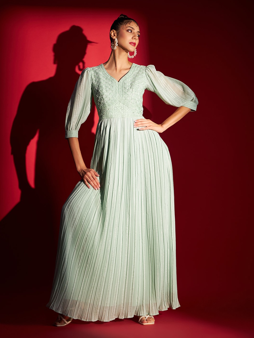 

MADHURAM Floral Embroidered Sequinned Puff Sleeves Maxi Ethnic Dress, Sea green