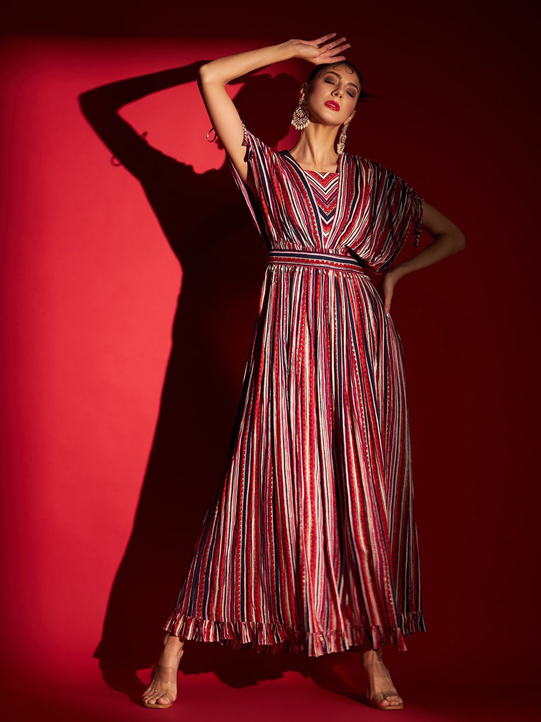 

MADHURAM Striped Gathered Square Neck Maxi Ethnic Dress, Red