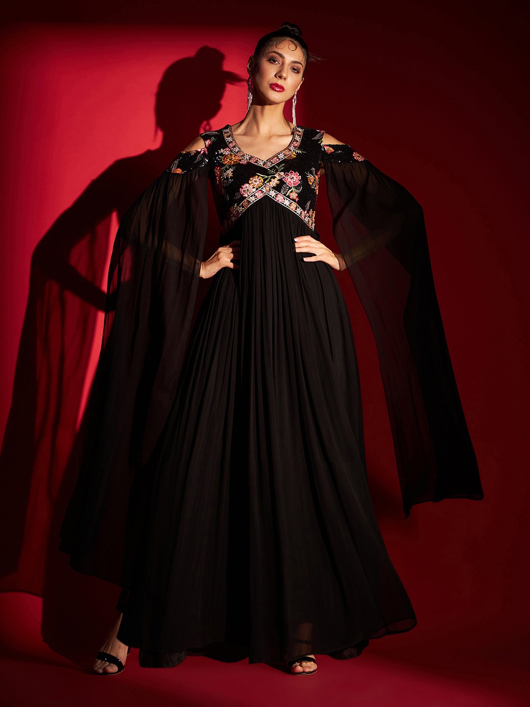 

MADHURAM Floral Embroidered Cape Sleeves Gathered Maxi Ethnic Dress, Black