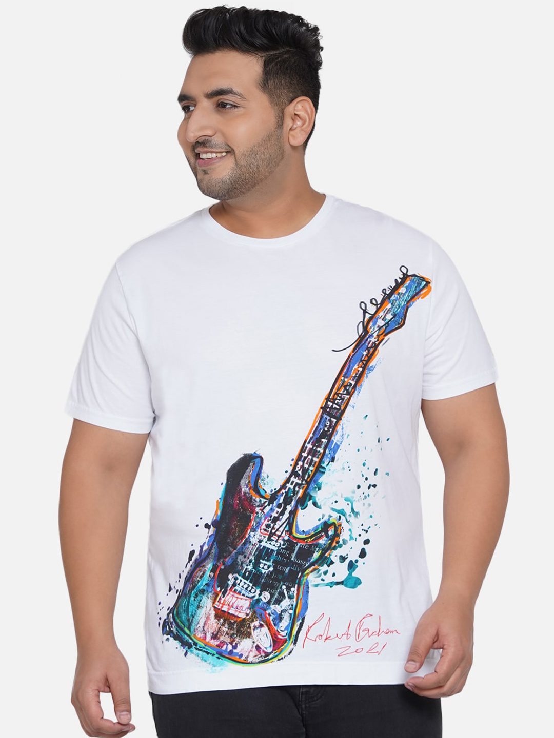 

Santonio Plus Size Graphic Printed Pure Cotton T-shirt, White