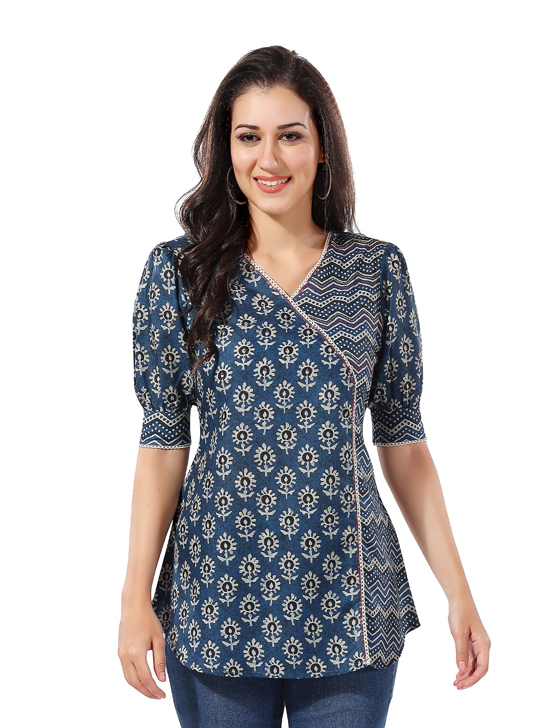

keshubaba Ethnic Motifs Printed V-Neck Cotton Tunic, Blue
