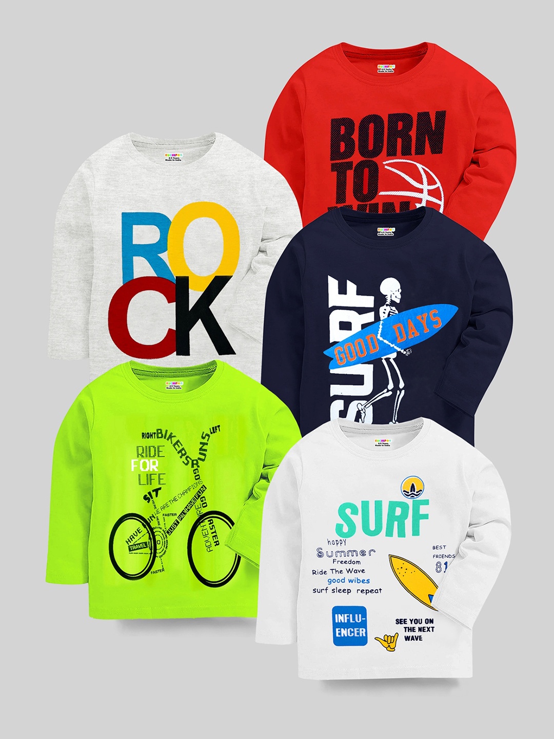 

KUCHIPOO Kids Pack Of 5 Typography Printed T-shirts, Grey