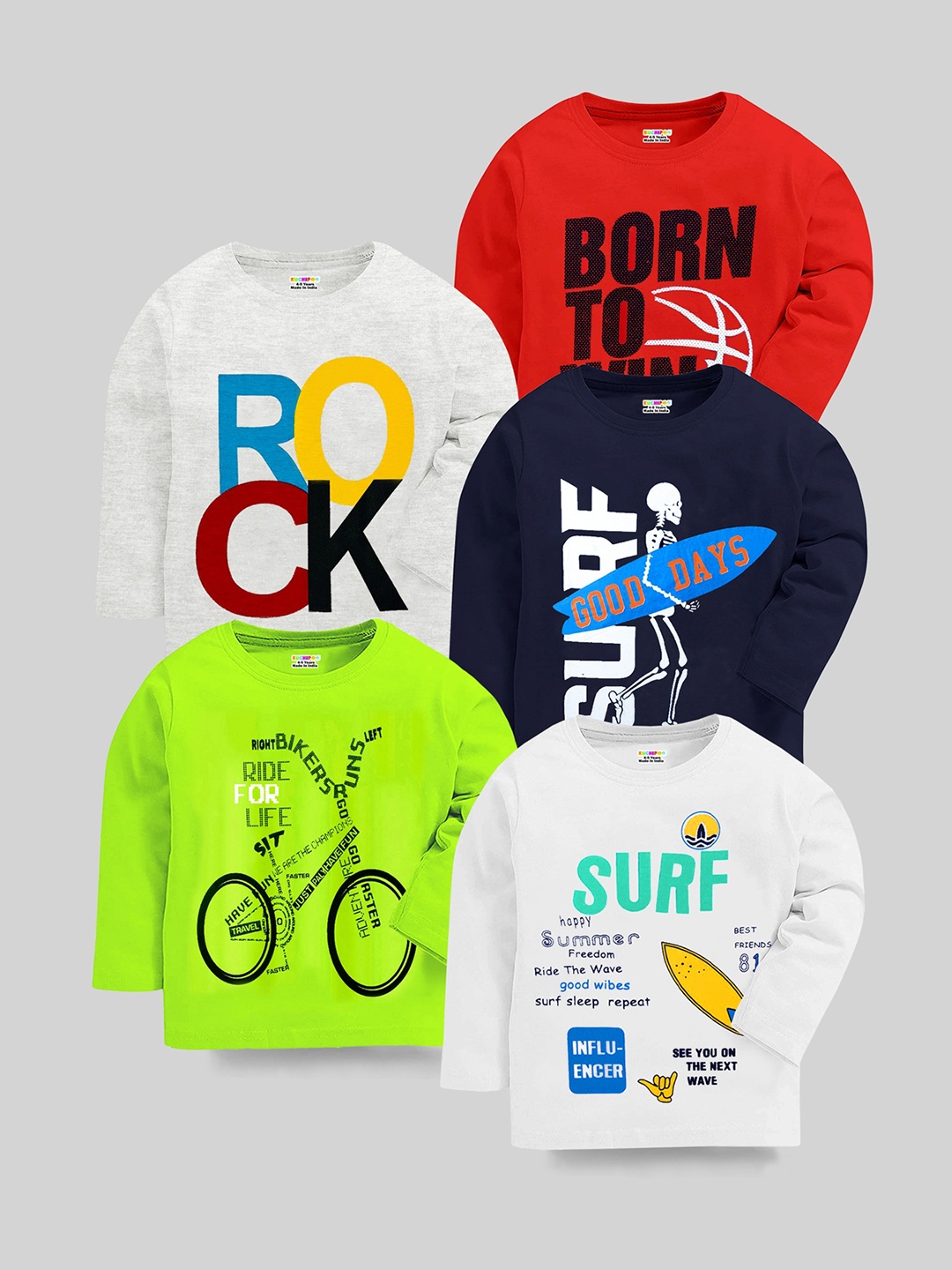 

KUCHIPOO Boys Pack Of 5 Typography Printed T-shirts, Grey