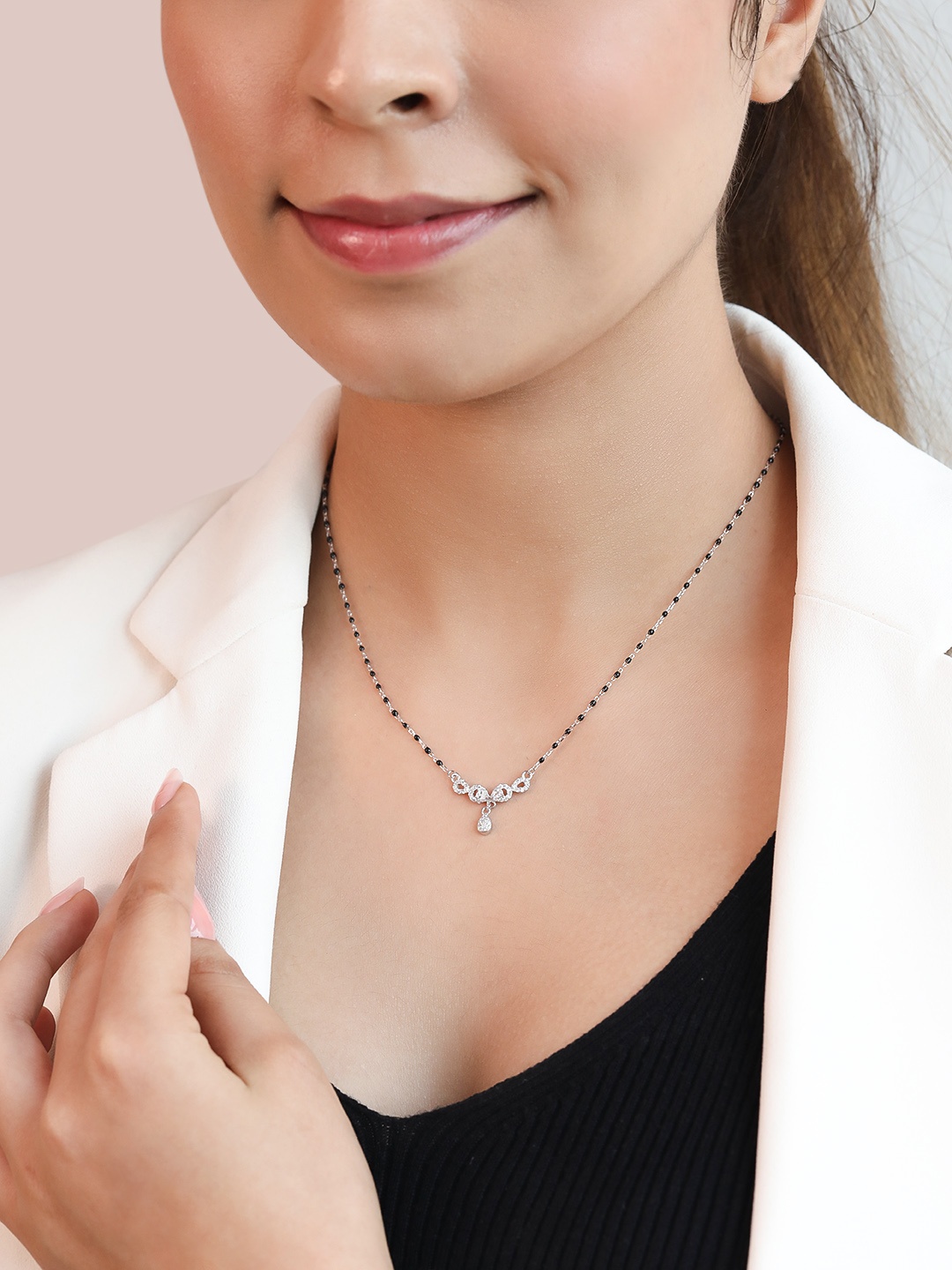 

Zavya Women Rhodium-Plated Beaded Sterling Silver Mangalsutra