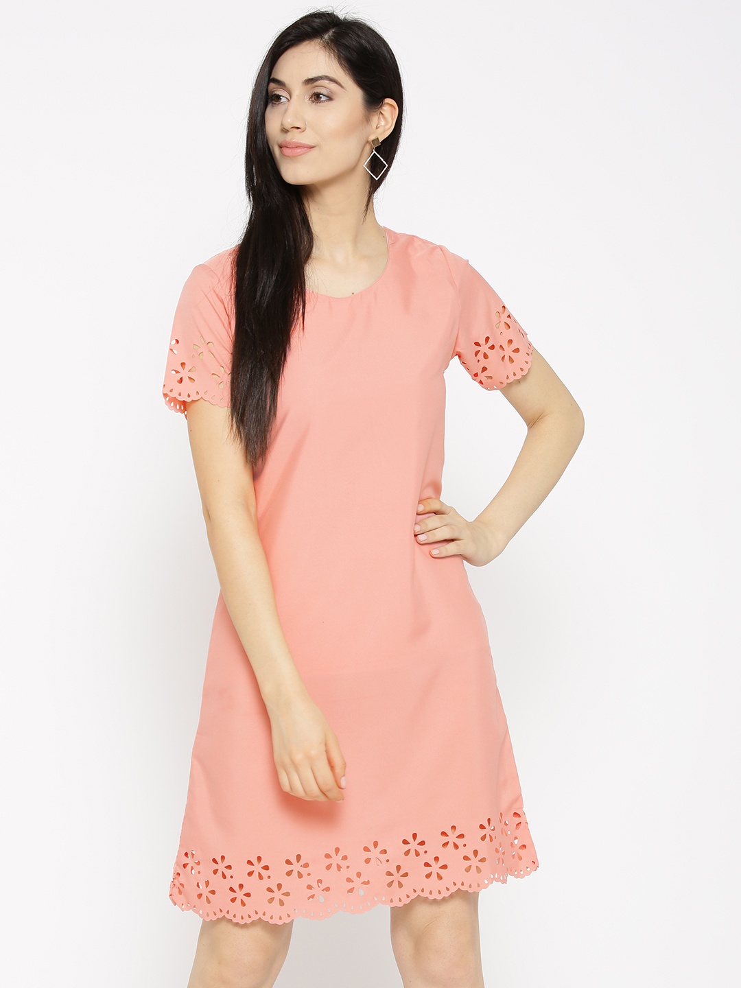 

U&F Women Peach-Coloured Solid A-Line Dress
