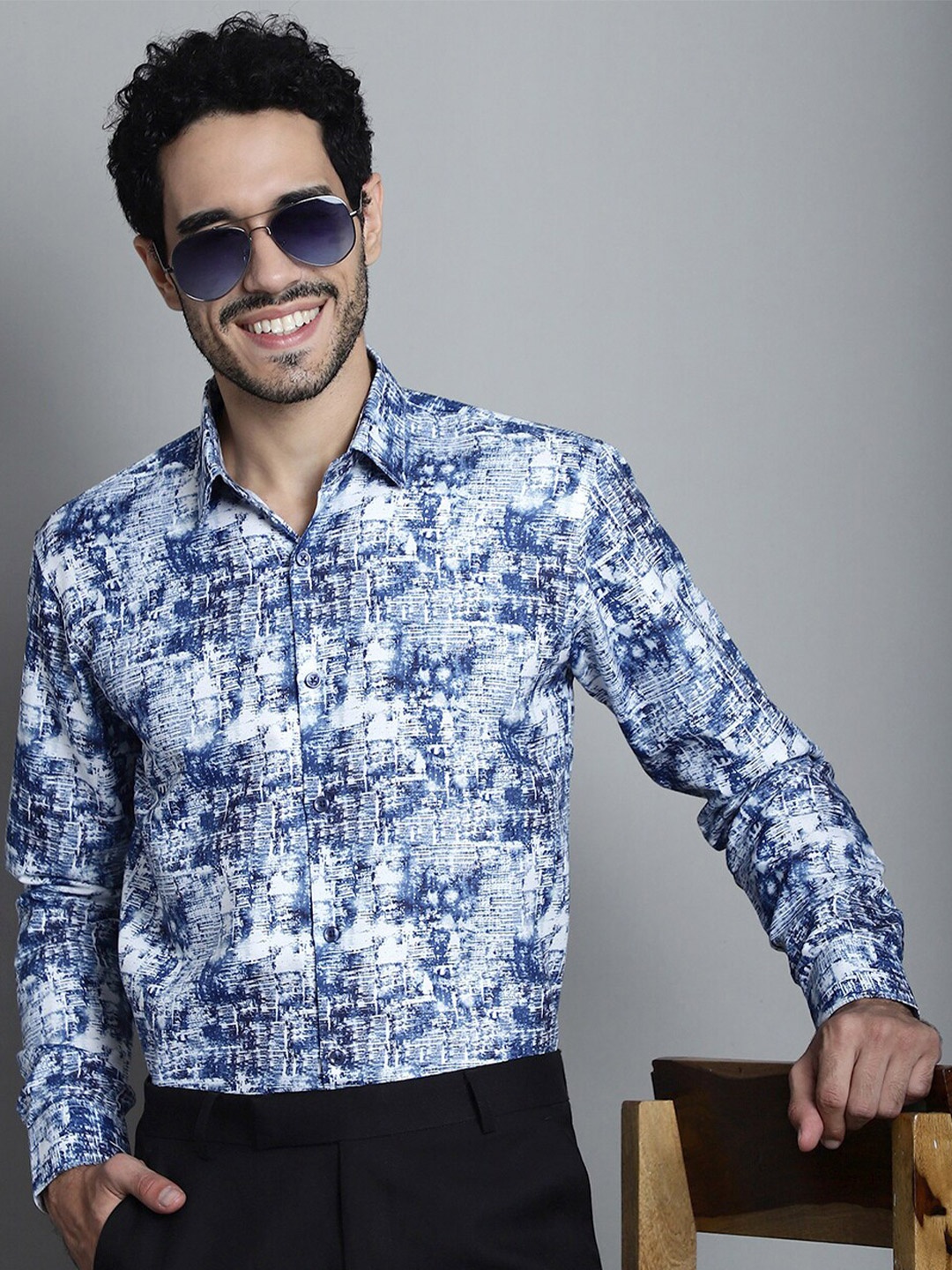 JAINISH Classic Printed Spread Collar Formal Shirt, Blue