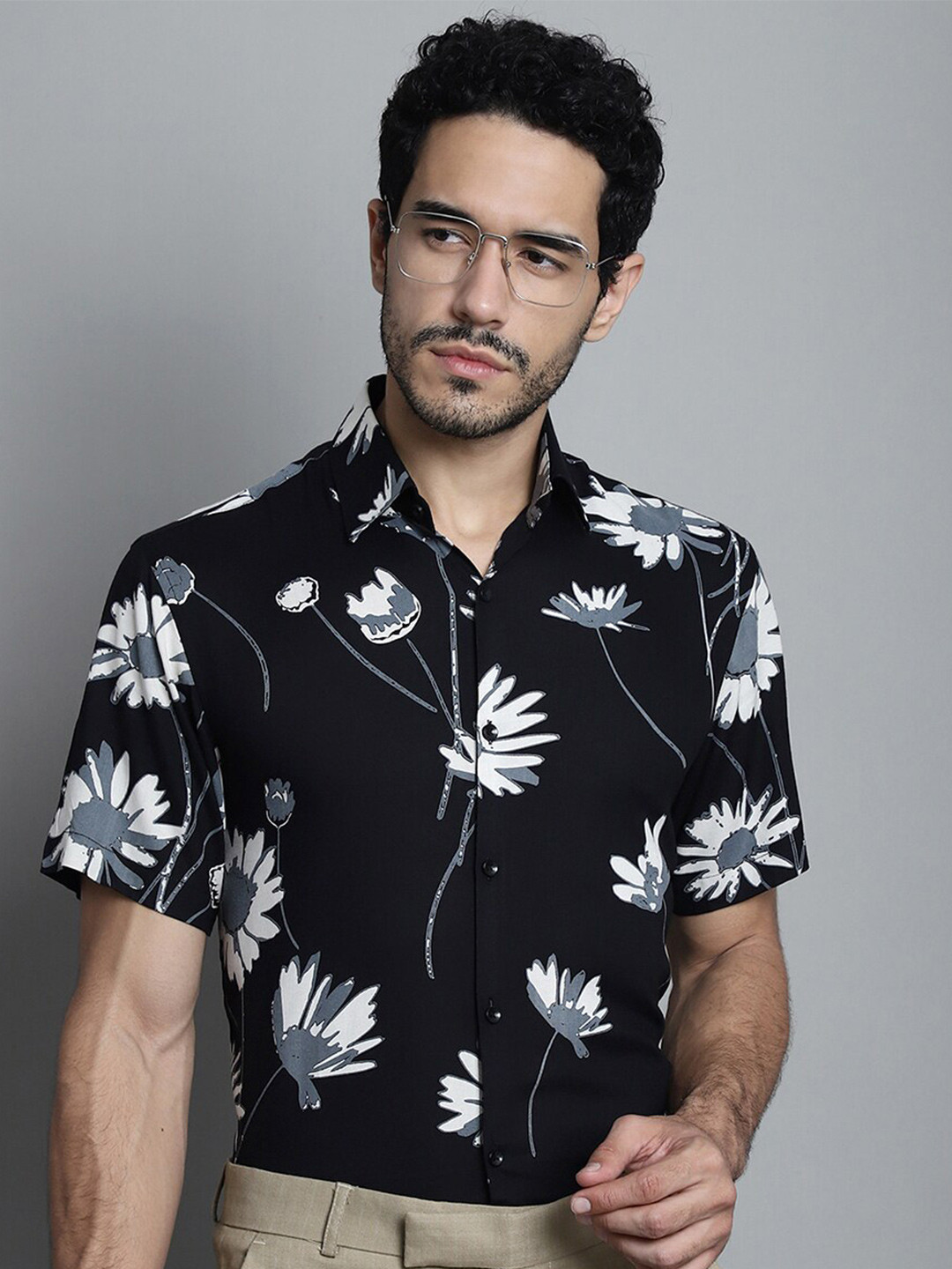 

JAINISH Classic Floral Printed Formal Shirt, Black