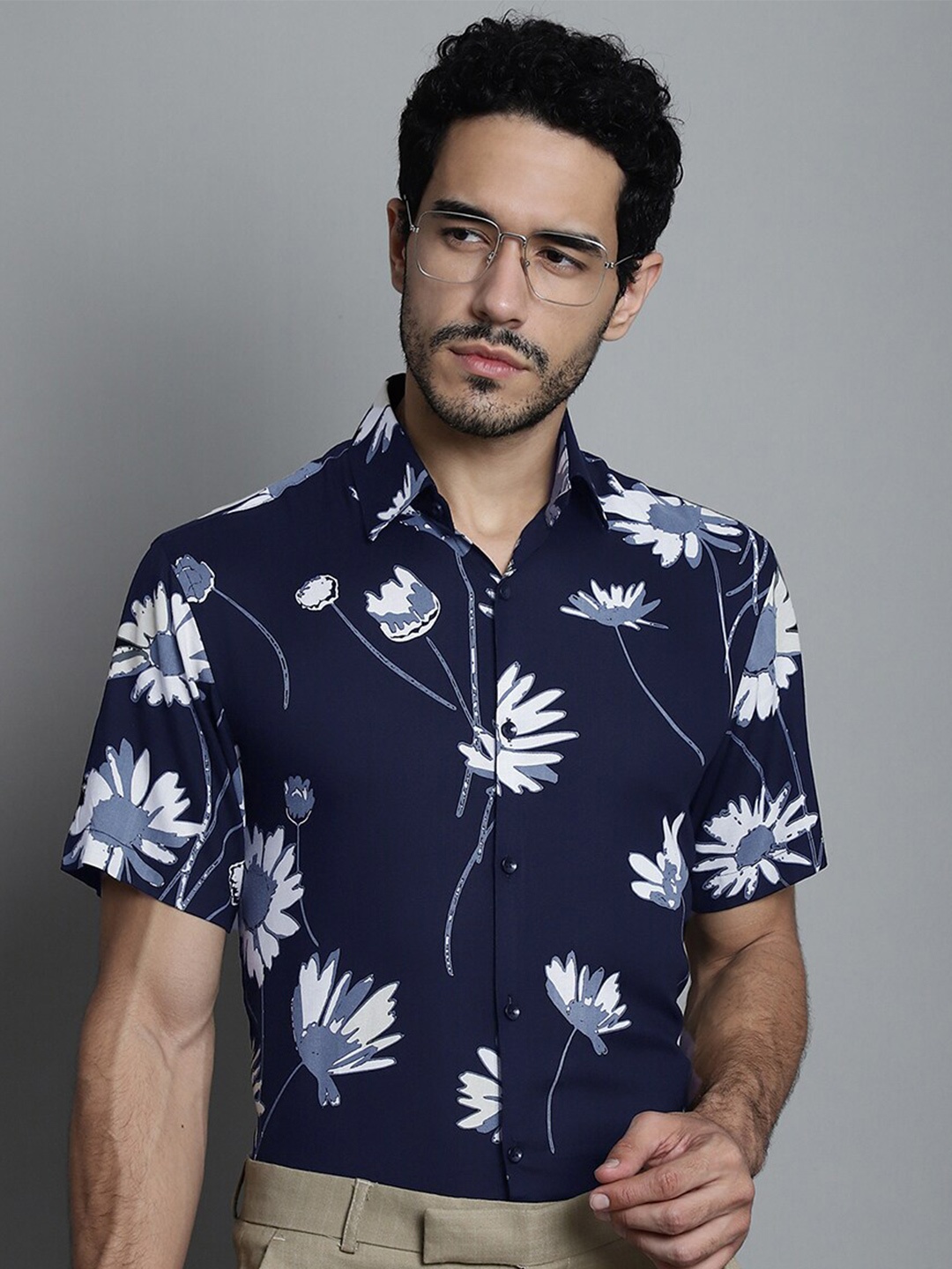 

JAINISH Classic Floral Printed Formal Shirt, Navy blue