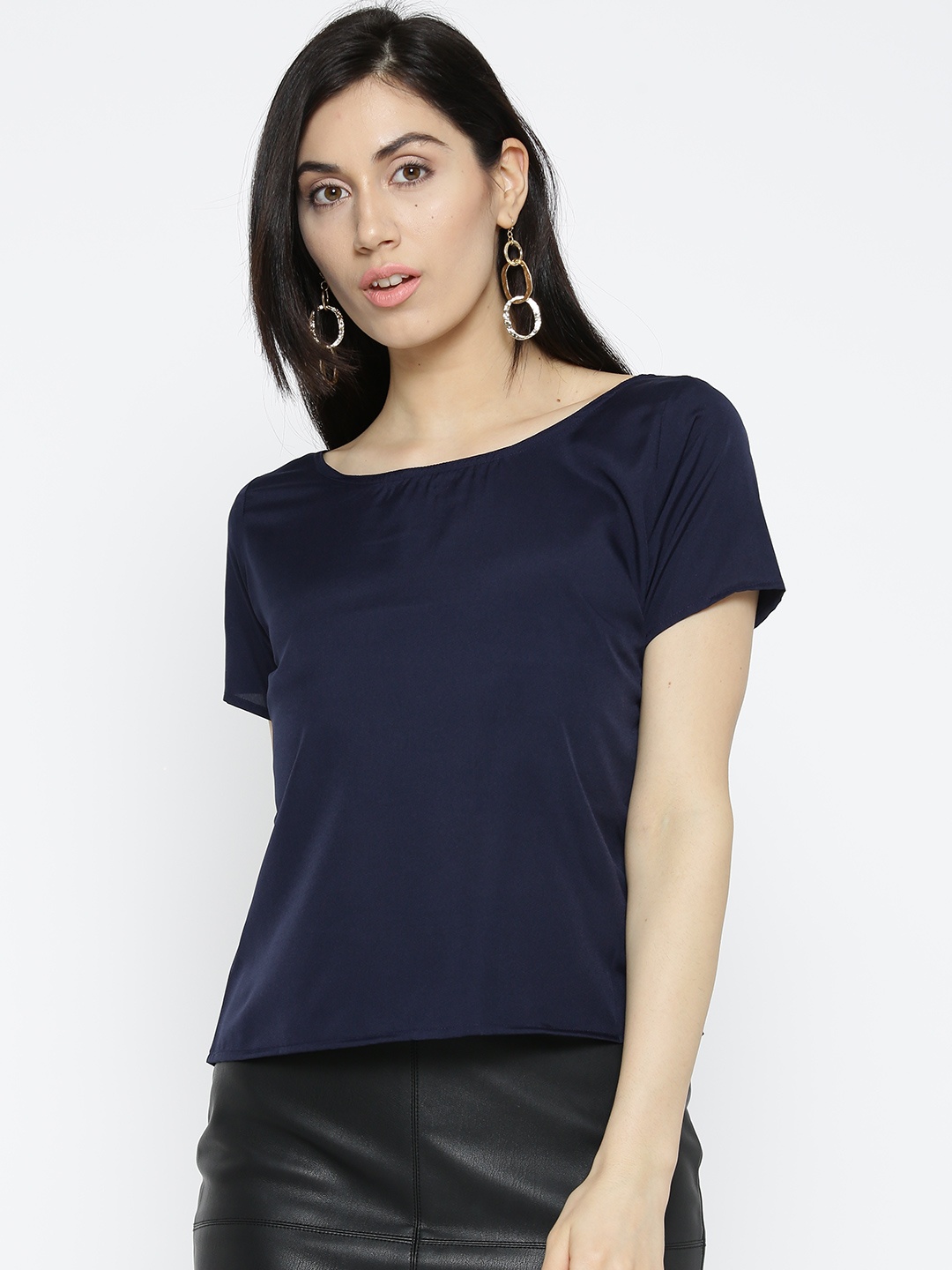 

U&F Women Navy Blue Solid Styled Back Top