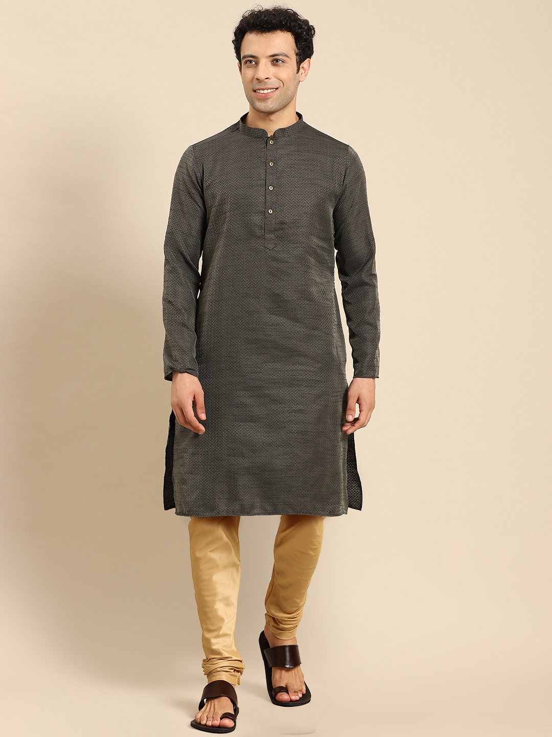Anouk Striped Straight Kurta, Grey