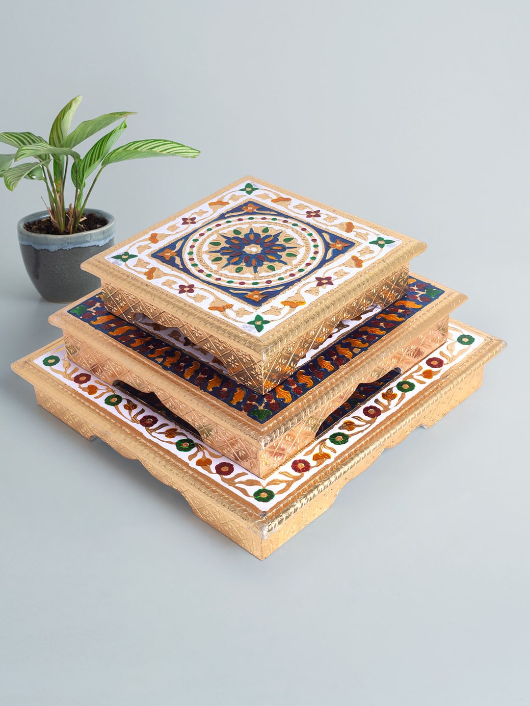 

Golden Peacock 3 Pieces Wood Bajot cum Chowki, Beige