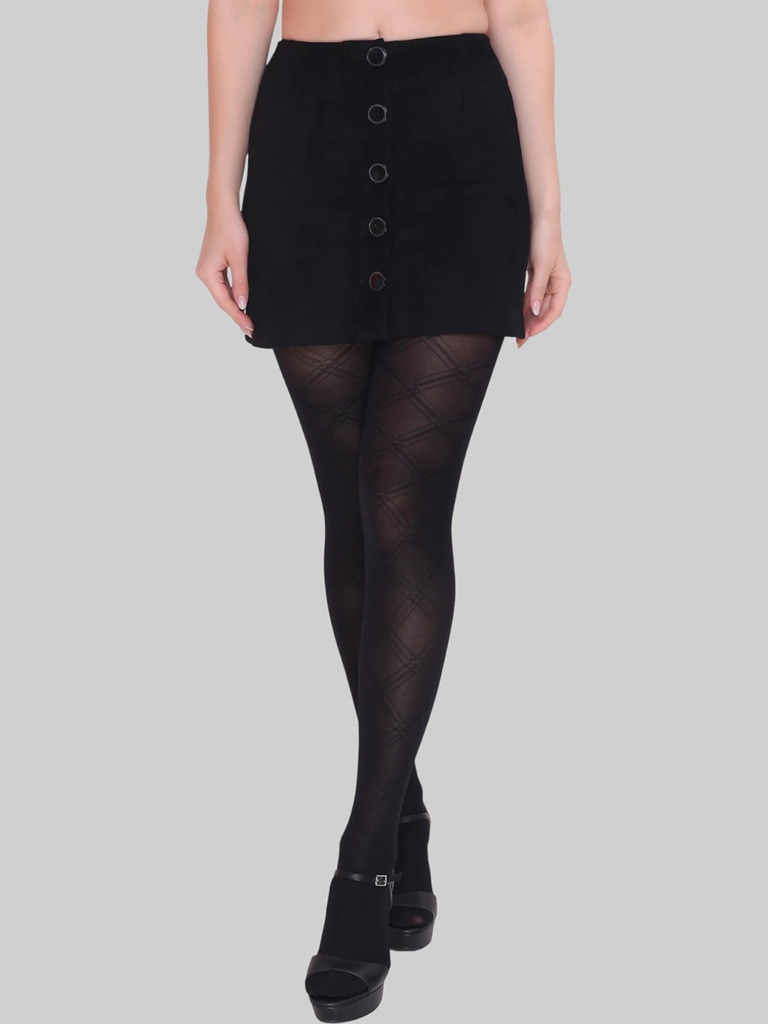 

PLUMBURY Women Self Design Semi-Sheer Pantyhose Stockings, Black
