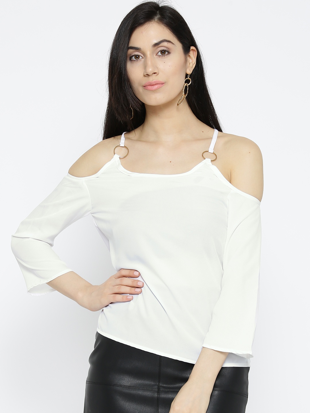 

U&F Women White Solid Styled Back Cold-Shoulder Top