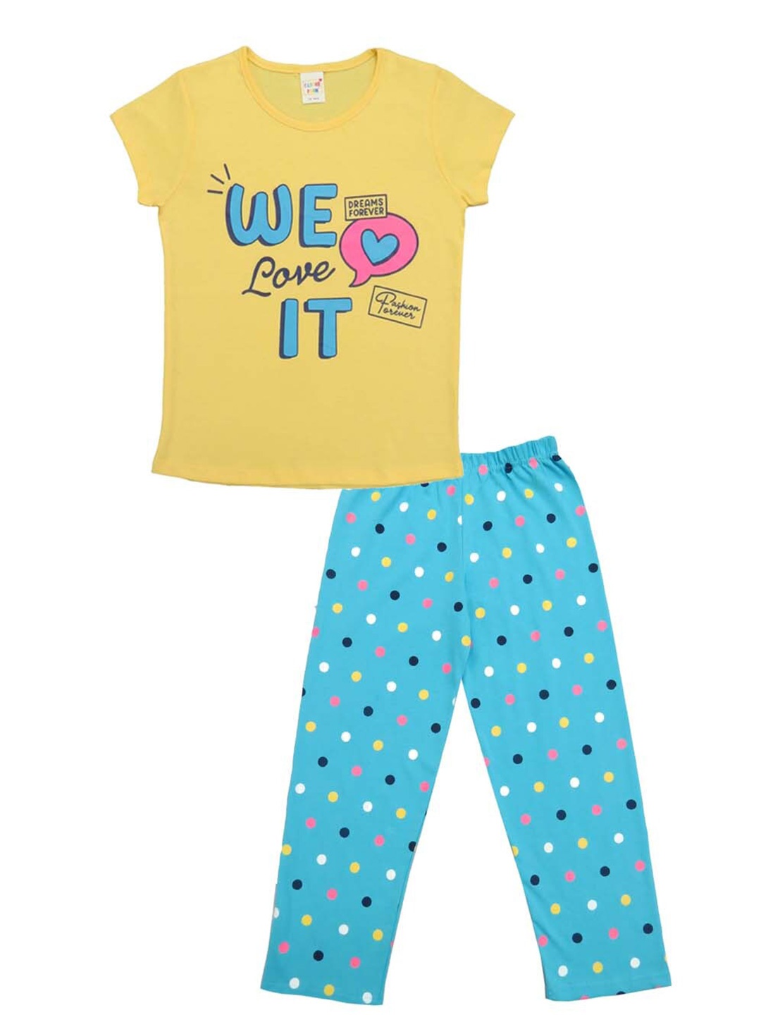 

Clothe Funn Girls Typography Printed Pure Cotton T-shirt With Pyjamas, Yellow