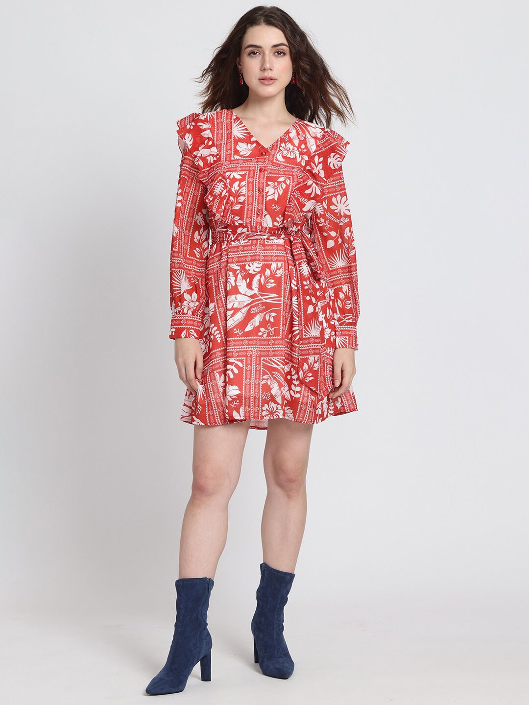 

SHAYE Floral Printed V-Neck Cuffed Sleeve Ruffled & Belted Georgette Fit & Flare Dress, Red