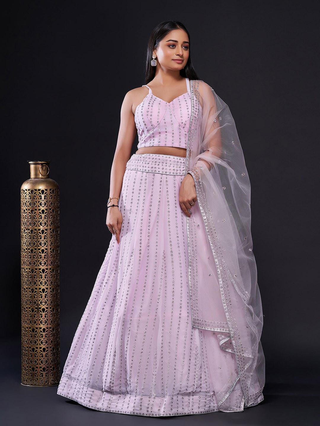 

ODETTE Embellished Thread Work Semi Stitched Lehenga & Unstitched Blouse With Dupatta, Pink