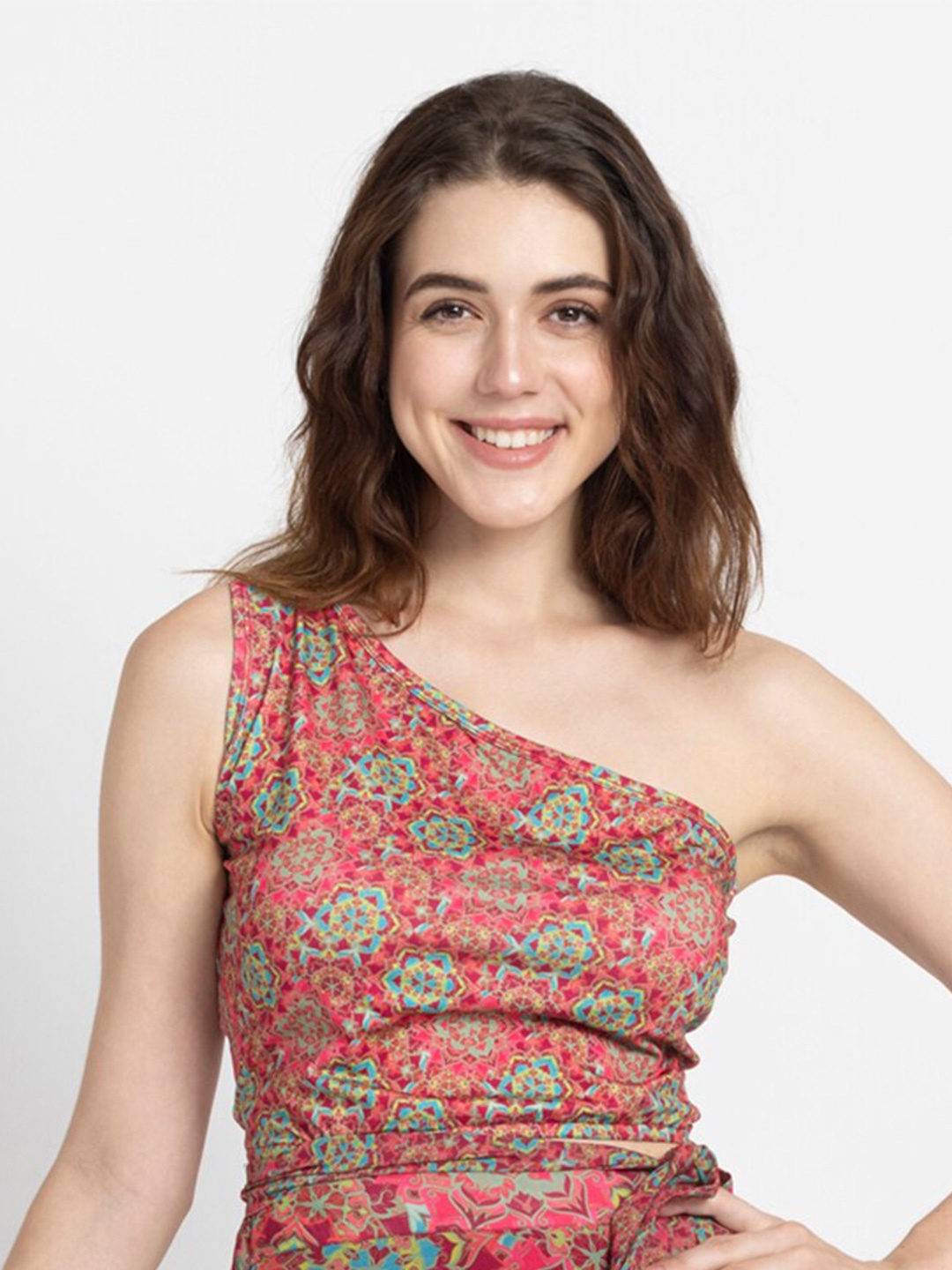 

SHAYE Floral Printed One Shoulder Georgette Fitted Crop Top, Pink