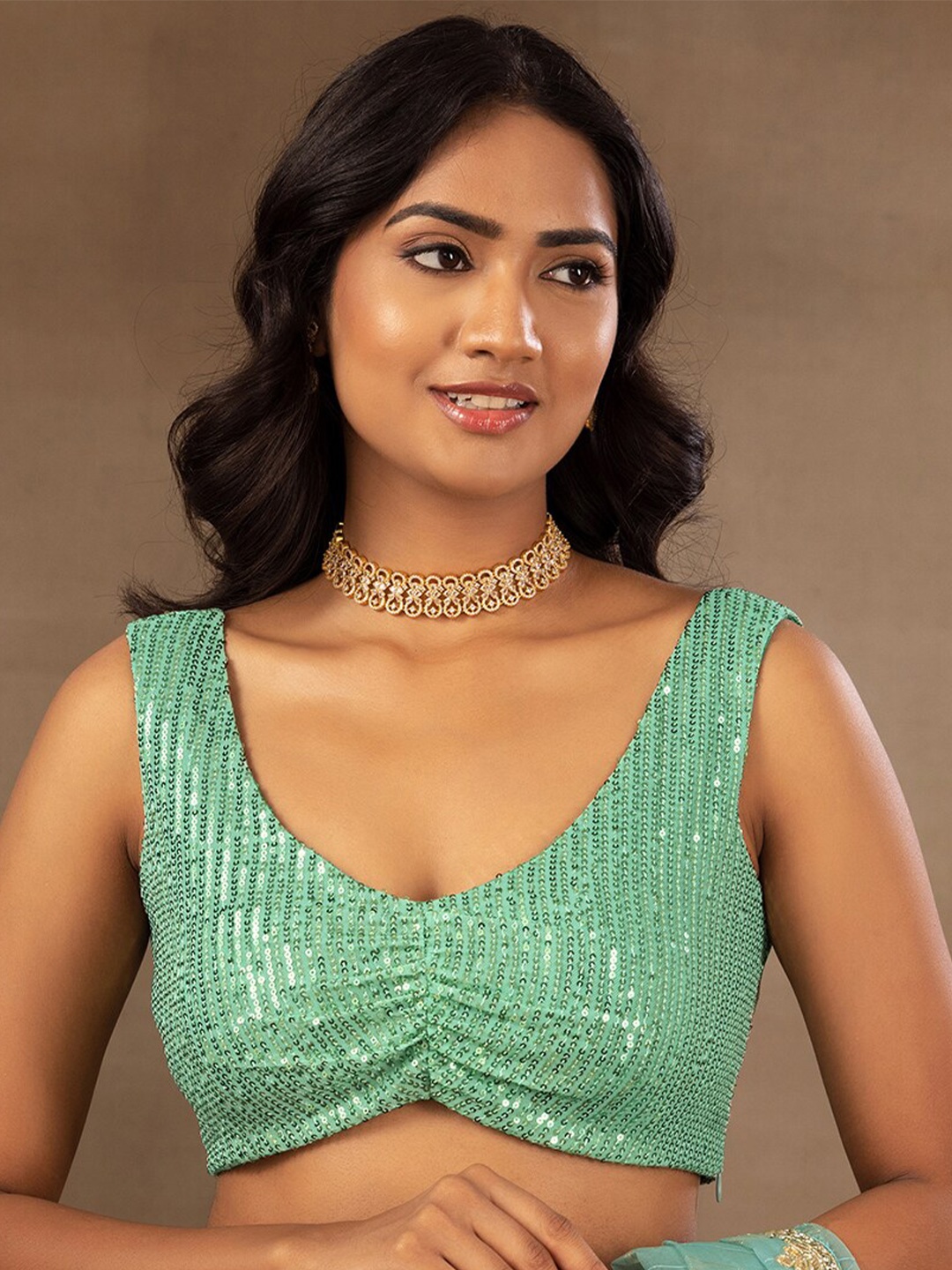 

Indya Luxe Sequinned Embellished V-Neck Saree Blouse, Green
