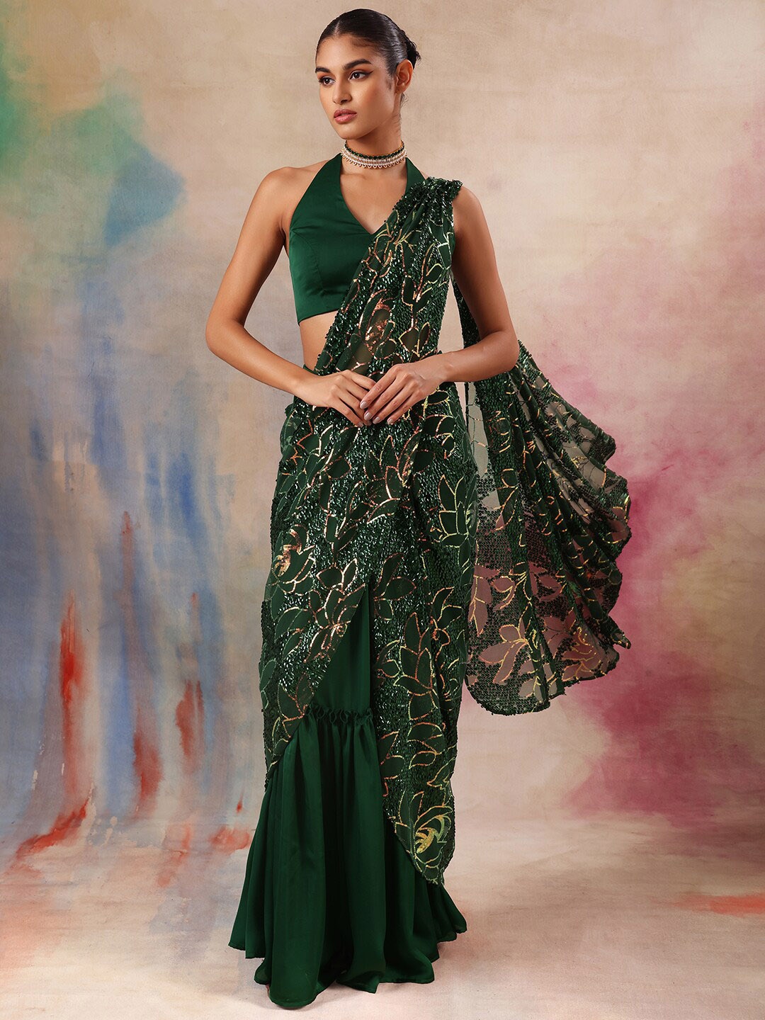 

Indya Luxe Floral Embroidered Ready to Wear Saree, Green