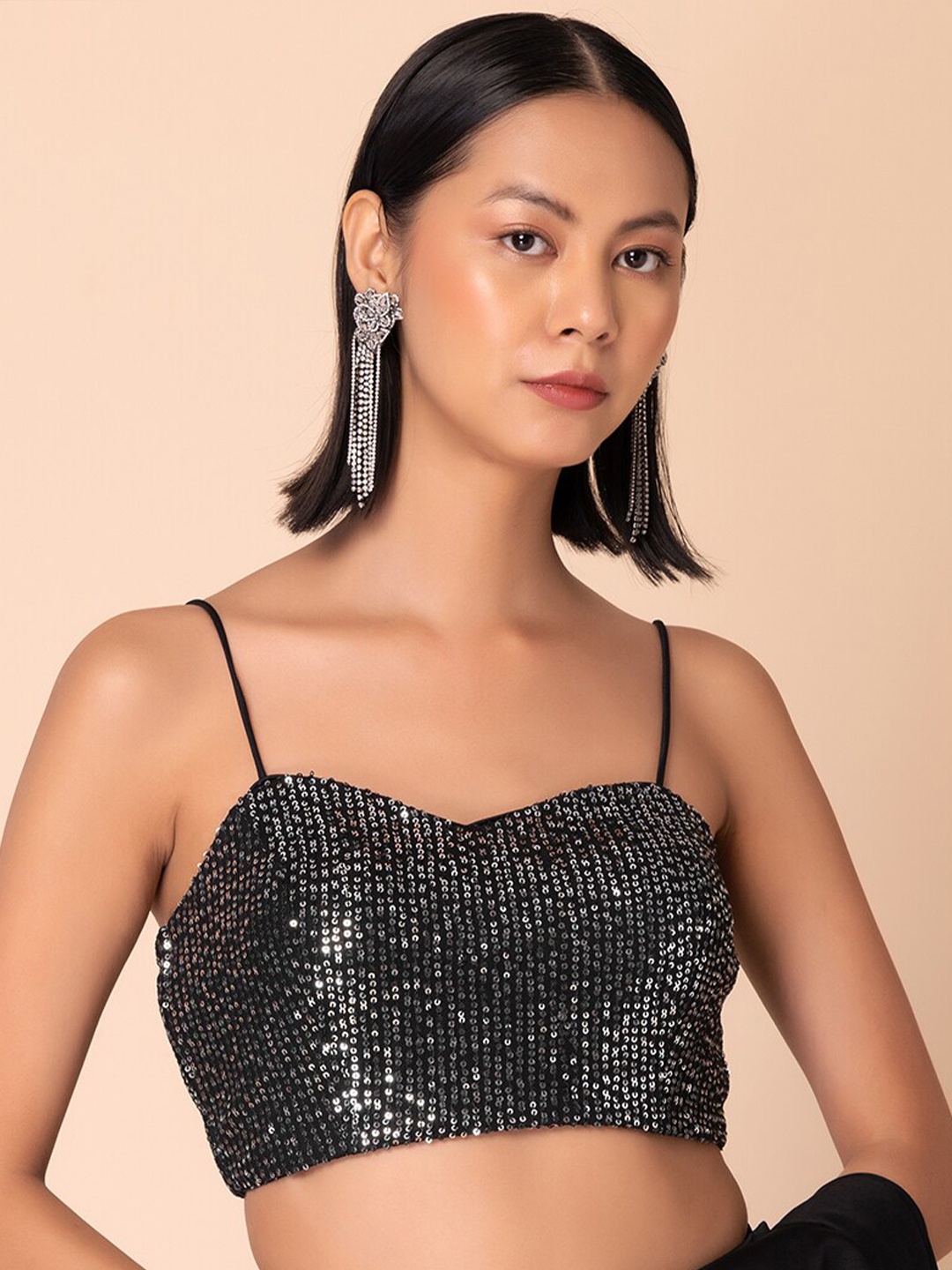 

Indya Luxe Shoulder Straps Embellished Saree Blouse, Black