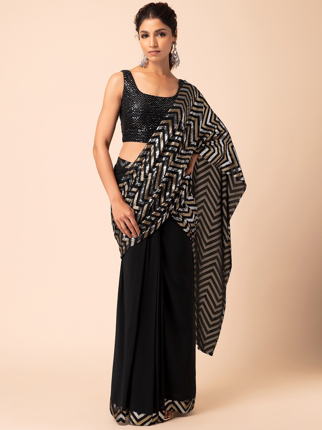 

Indya Luxe Embellished Sequined Ready to Wear Saree, Black