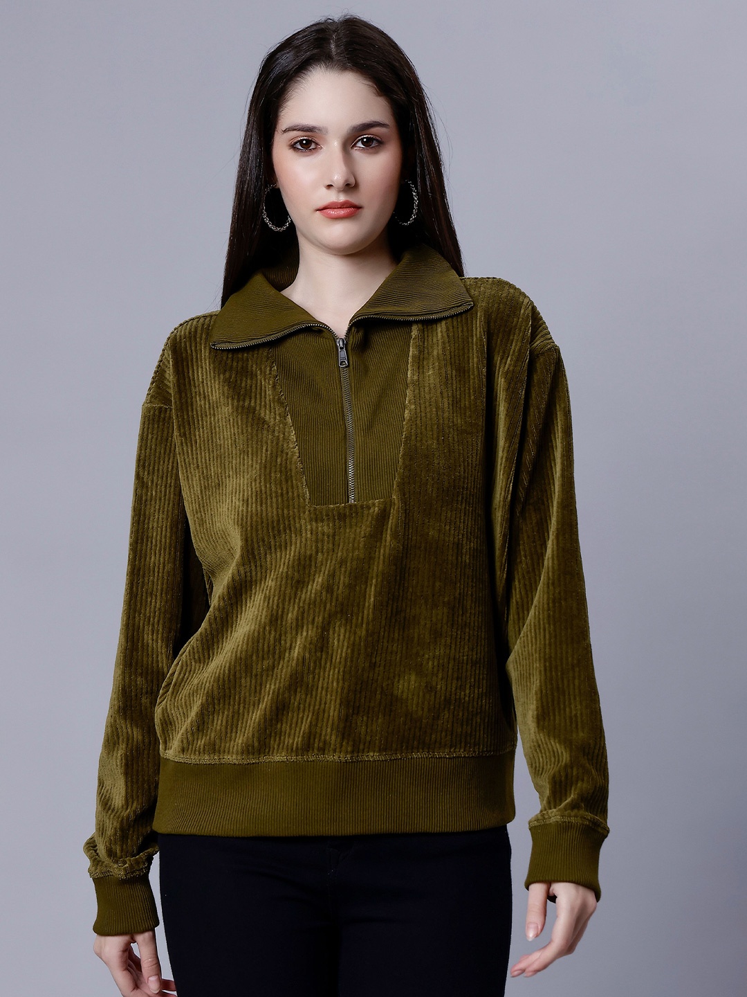 

MINGLAY Self Design Shirt Collar Cuffed Sleeves Top, Olive