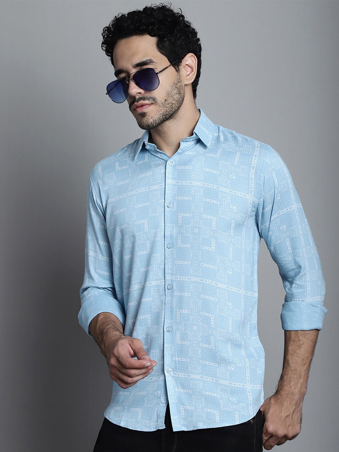 

JAINISH Classic Geometric Printed Spread Collar Shirt, Blue