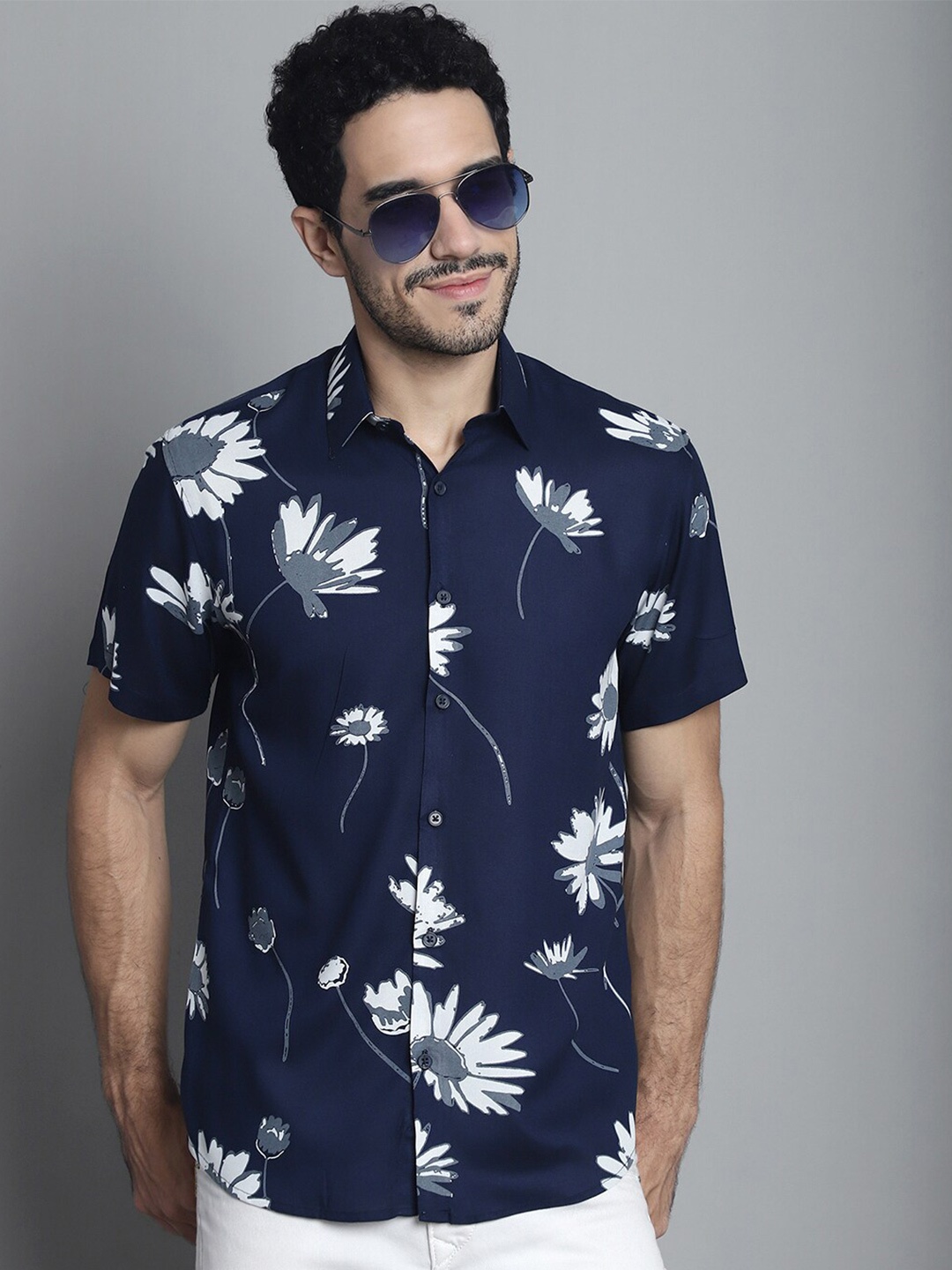

JAINISH Classic Floral Printed Casual Shirt, Navy blue