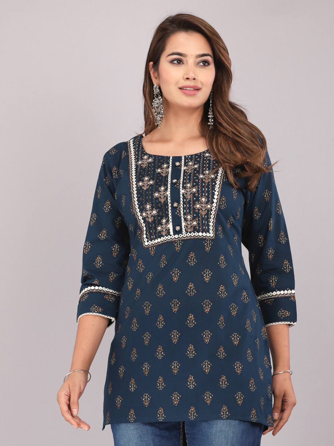 

KALINI Floral Embroidered A-Line Top, Navy blue