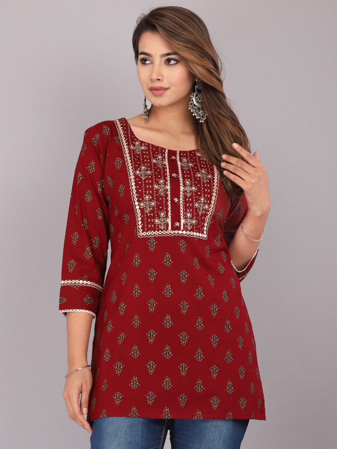 

KALINI Floral Embroidered A-Line Top, Maroon